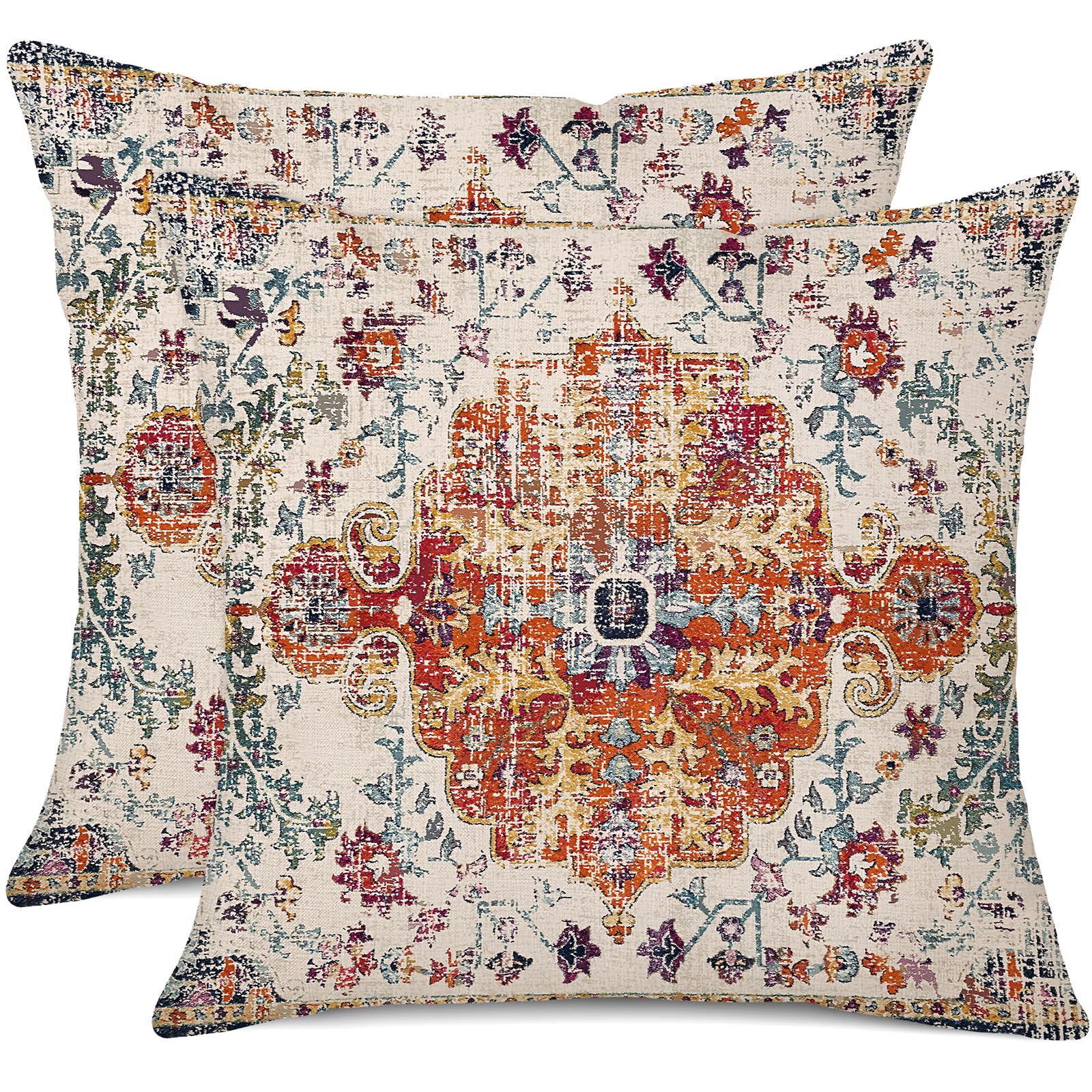 Gujiahone Outdoor Waterproof Pillow Covers 18X18 Inch Set Of 2 Bohemian Vintage Carpet Pattern Pillow Covers Blue Burnt Orange E