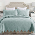 MarCielo 3-Piece 100% Cotton Oversized Bedspread Lightweight Quilt Coverlet Embroidery Farmhouse Bedding Set (Tk Aqua Green, Que