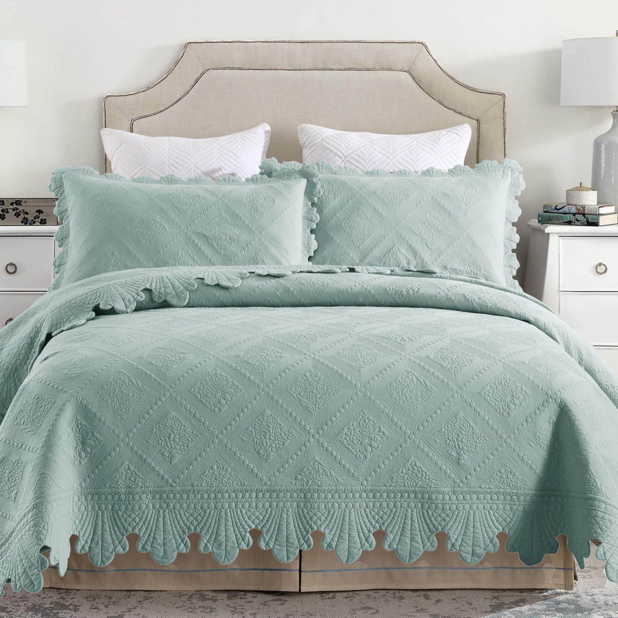 MarCielo 3-Piece 100% Cotton Oversized Bedspread Lightweight Quilt Coverlet Embroidery Farmhouse Bedding Set (Tk Aqua Green, Que