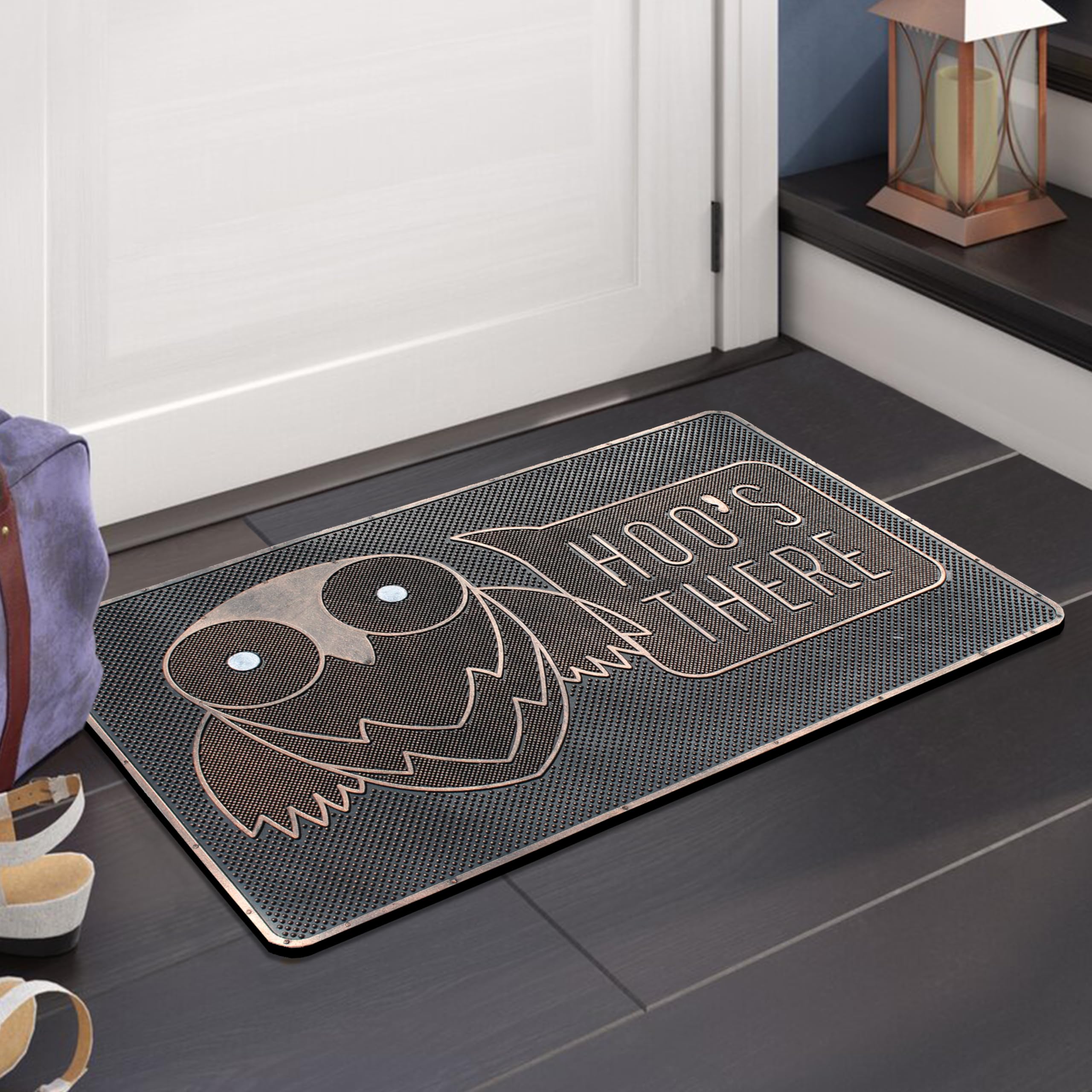 A1 Home Collections Hoo'S There Owl Rubber Pin Welcome Door Mats For Outdoor Entrance, Welcome Mats For Front Door Indoor Non-Sl