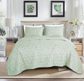Chezmoi Collection Medina 3-Piece Tranquil Leaf Quilt Set Queen - Soft Green White Leaves Printed Microfiber Lightweight Bedspre