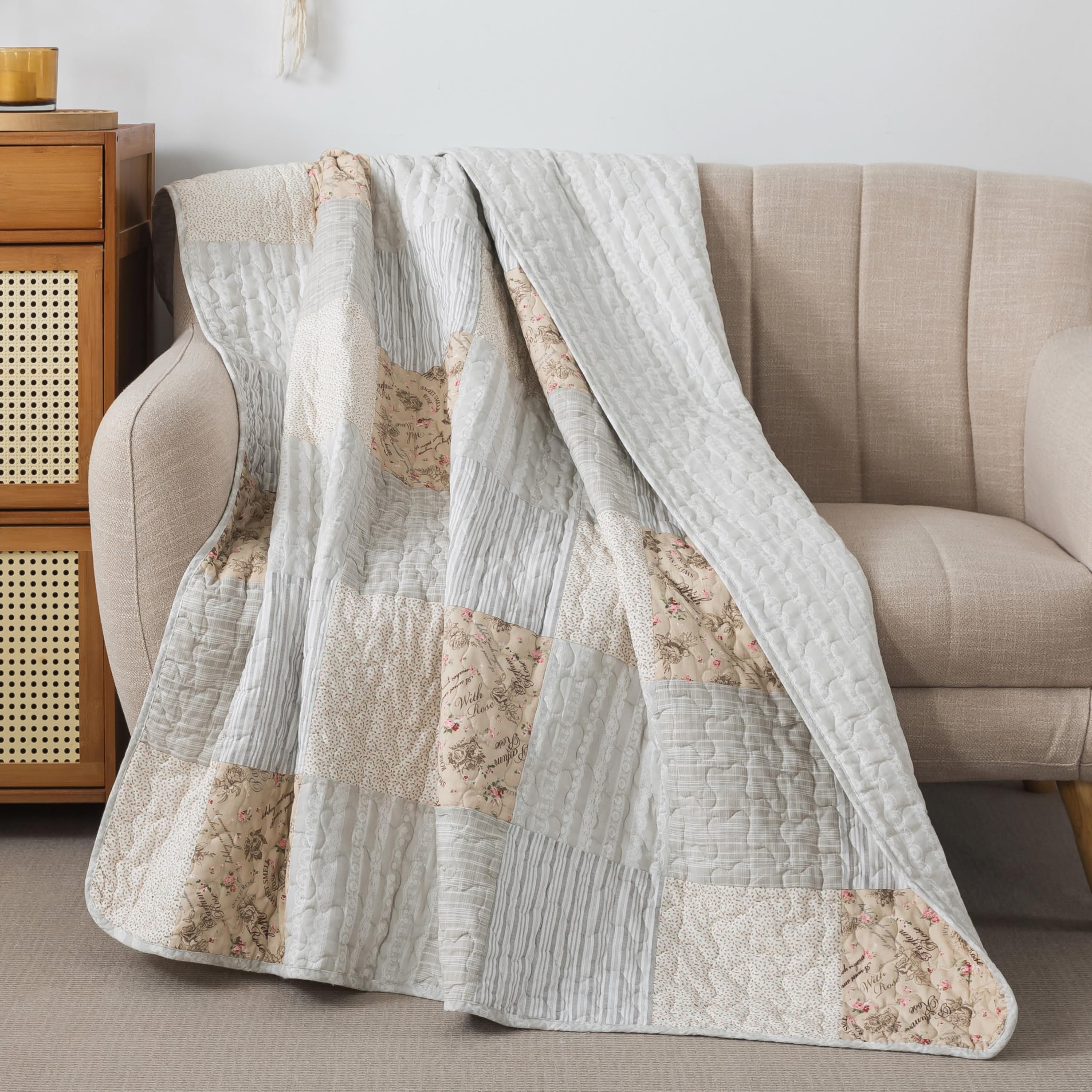 Country Lane 50' X 60' Cotton Quilted Throw Blanket, Neutral Tan And Cream Cottage Throw Quilt For Couch And Bed, Lightweight