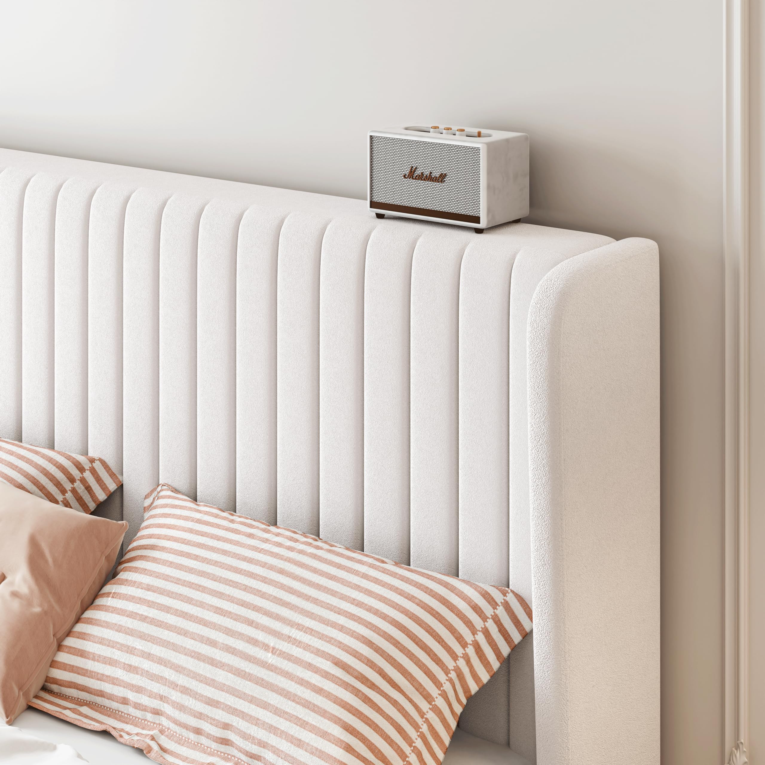 SHA CERLIN Full Size Velvet Bed Frame, White Upholstered Platform with Tufted Wingback Headboard, Easy Assembly, No Box Spring Needed