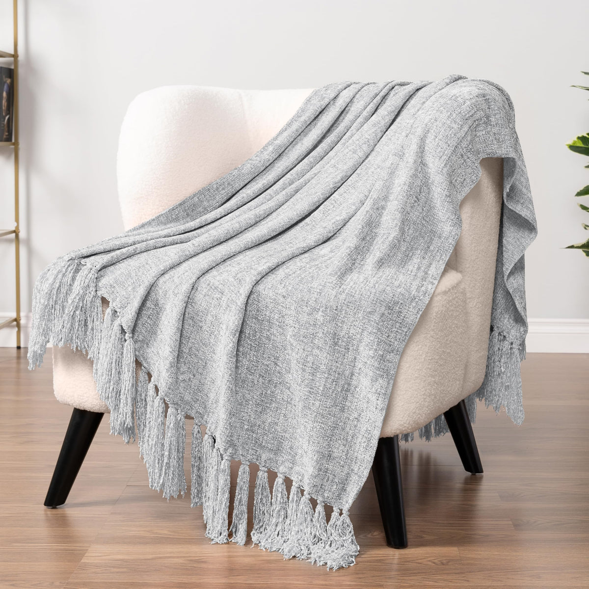 Pavilia Light Gray Throw Blanket For Couch, Chenille Blanket For Sofa Bed, Soft Knit Woven Gray Blanket With Tassel, Decorative