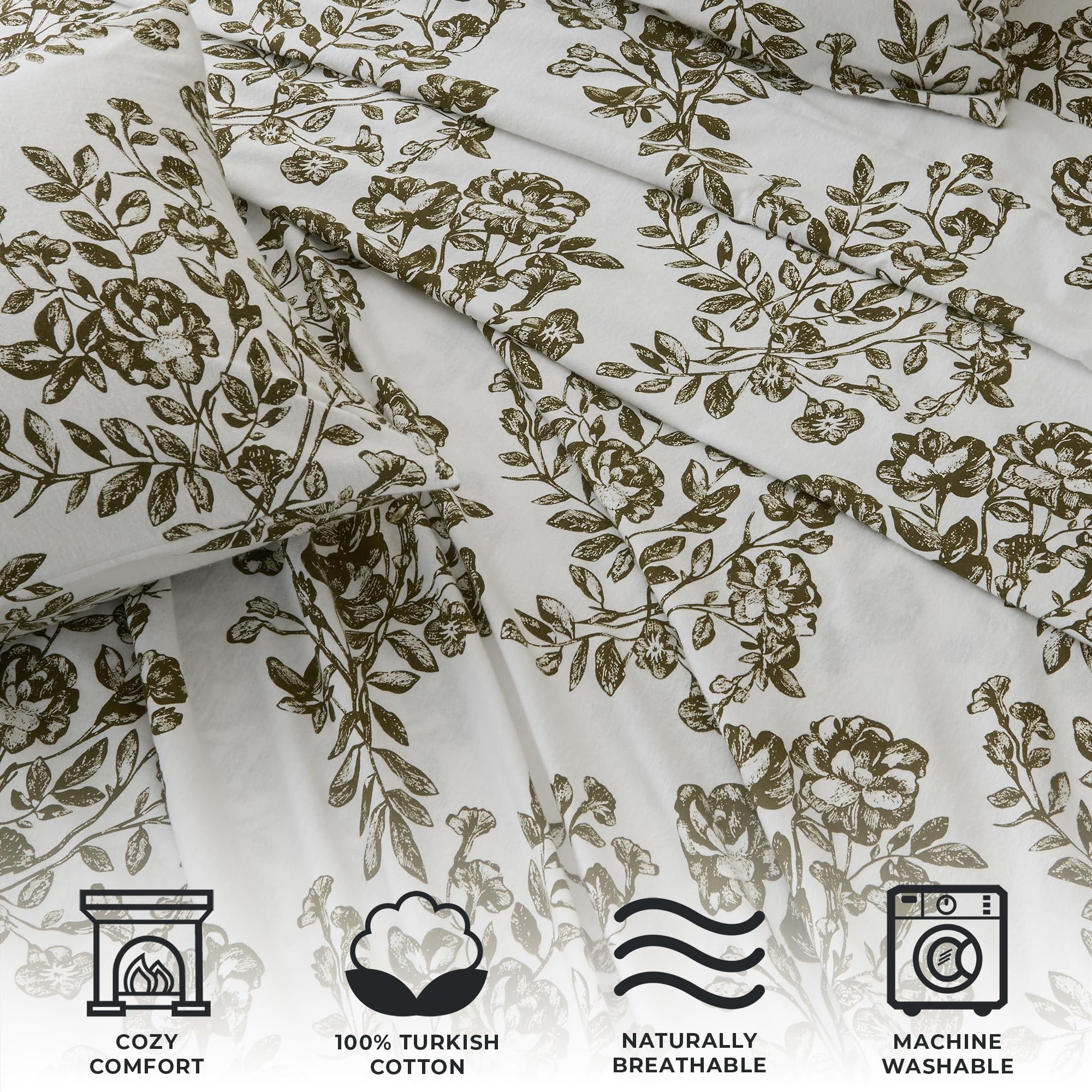 4 Piece 100% Turkish Cotton Full Green Printed Flannel Sheets Set | Deep Pocket, Soft Sheets | Warm, Double Brushed Bed Sheets |