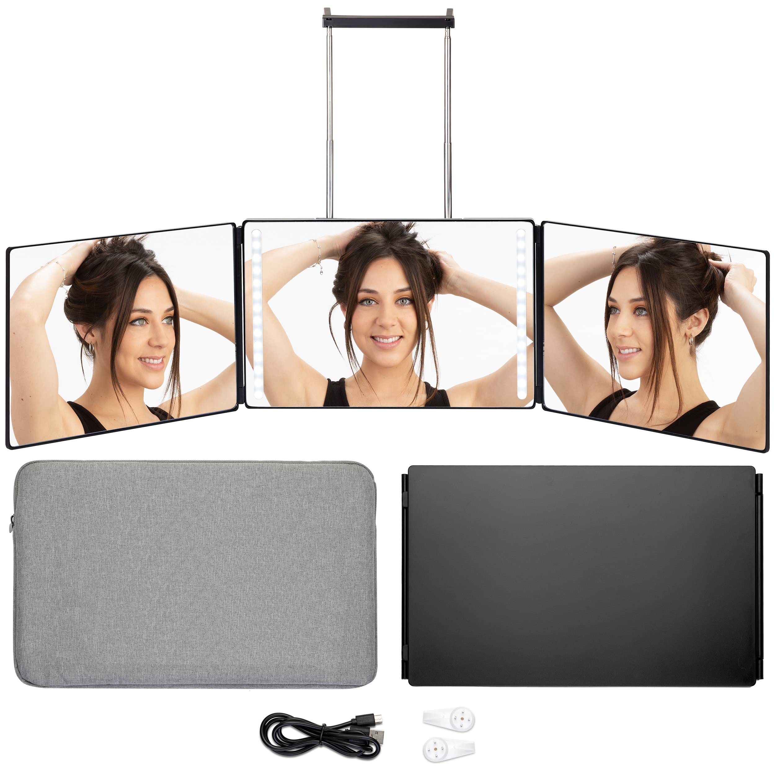 Bluelilly Co. 3 Way Mirror, Three Way Mirror for Braiding Hair & Hair Styling, LED Mirror, 360 Mirror