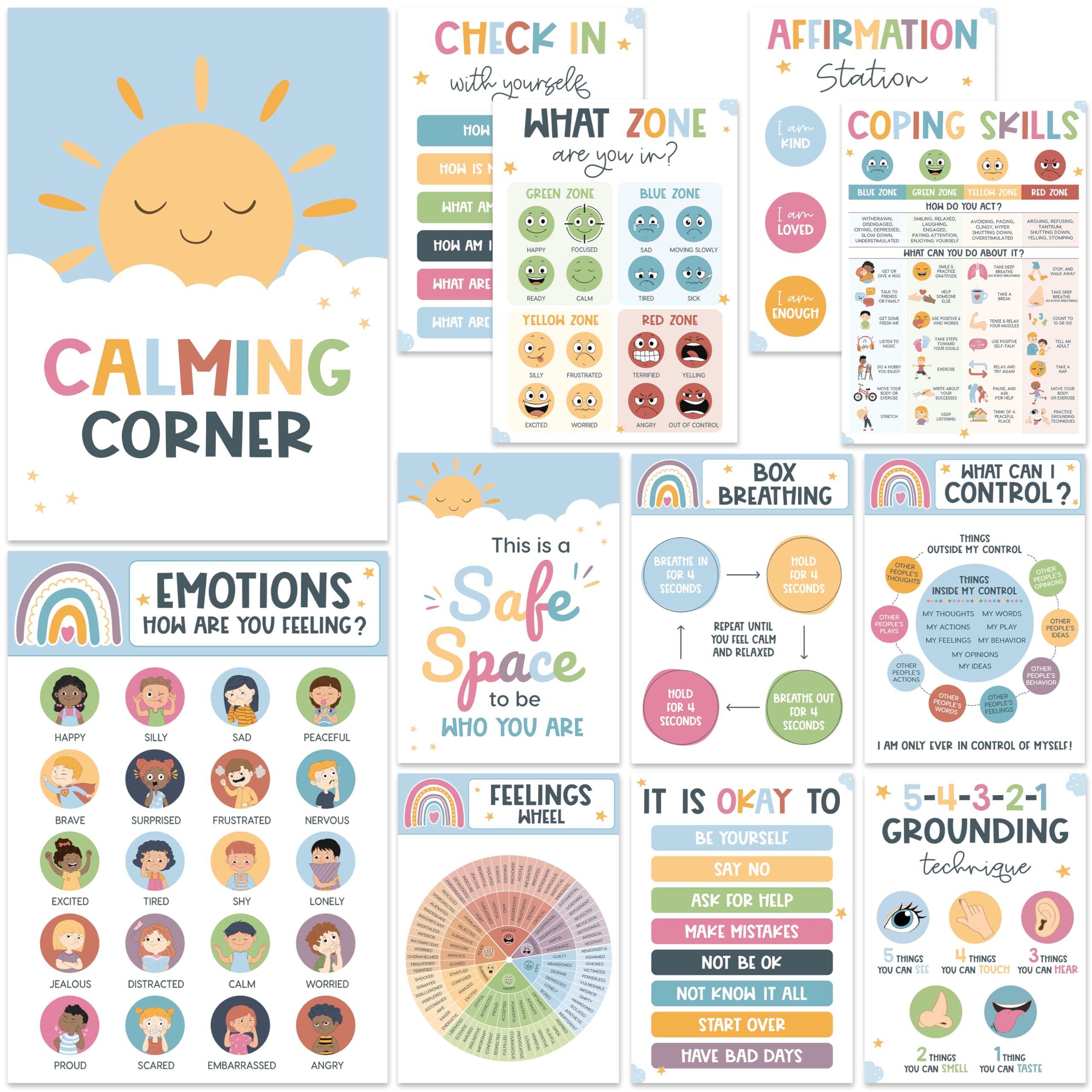 12 Boho Calming Corner Classroom Posters - Feelings Wheel Chart & Emotions Poster For Kids, Calm Down Corner Supplies For Therap