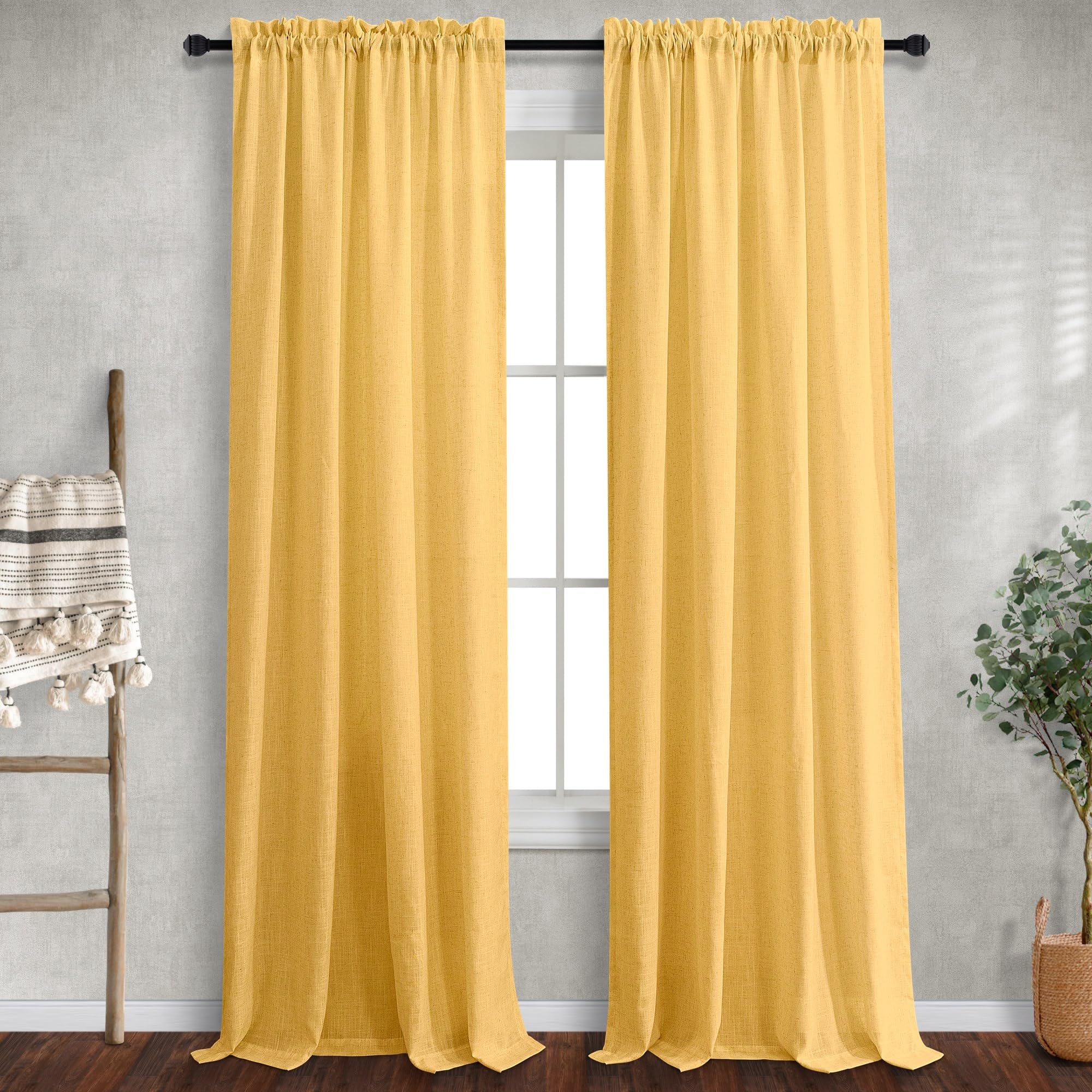 Golden Yellow Linen Curtains 96 Inches Long For Living Room 2 Panels Pair Set Rod Pocket Fall Drape Semi Sheer Light Filter Mustard Yellow Gold Curtain For Bedroom Dining Office Warm Sunflower Colored
