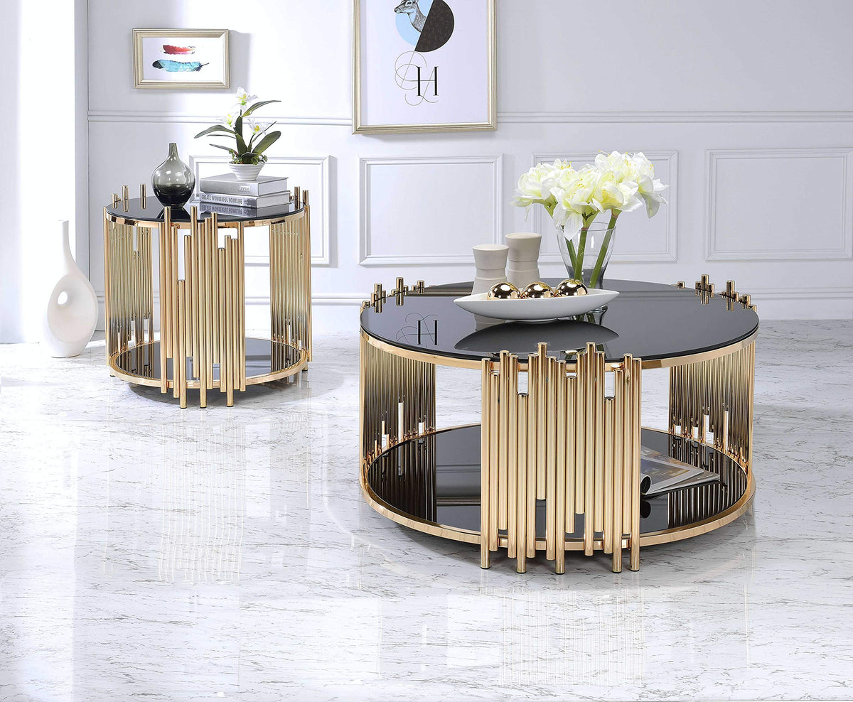 HomeRoots Glass, Metal 25' X 25' X 22' Black Glass and Gold End Table