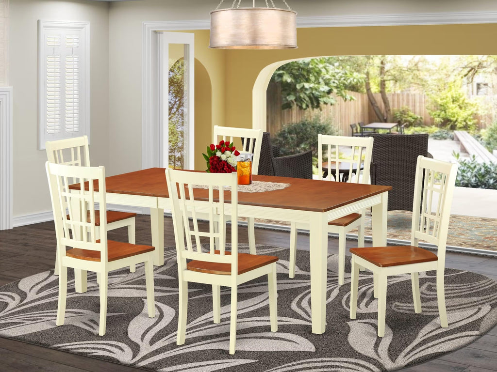 East West Furniture QUNI7-WHI-W 7 Piece Kitchen Table Set Consist of a Rectangle Dining Table with Butterfly Leaf and 6 Dining Chairs, 40x78 Inch, Buttermilk & Cherry