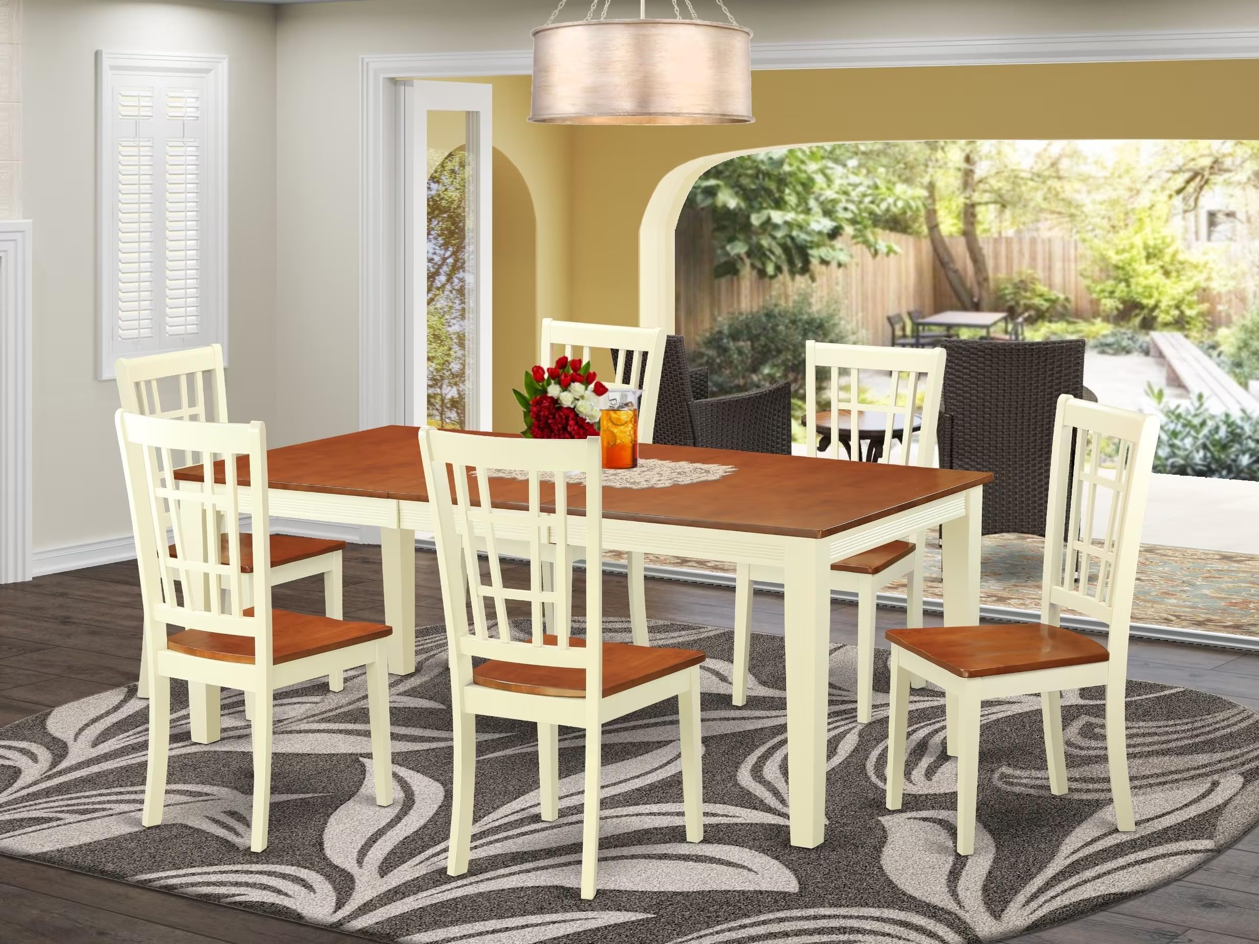 East West Furniture QUNI7-WHI-W 7 Piece Kitchen Table Set Consist of a Rectangle Dining Table with Butterfly Leaf and 6 Dining Chairs, 40x78 Inch, Buttermilk & Cherry