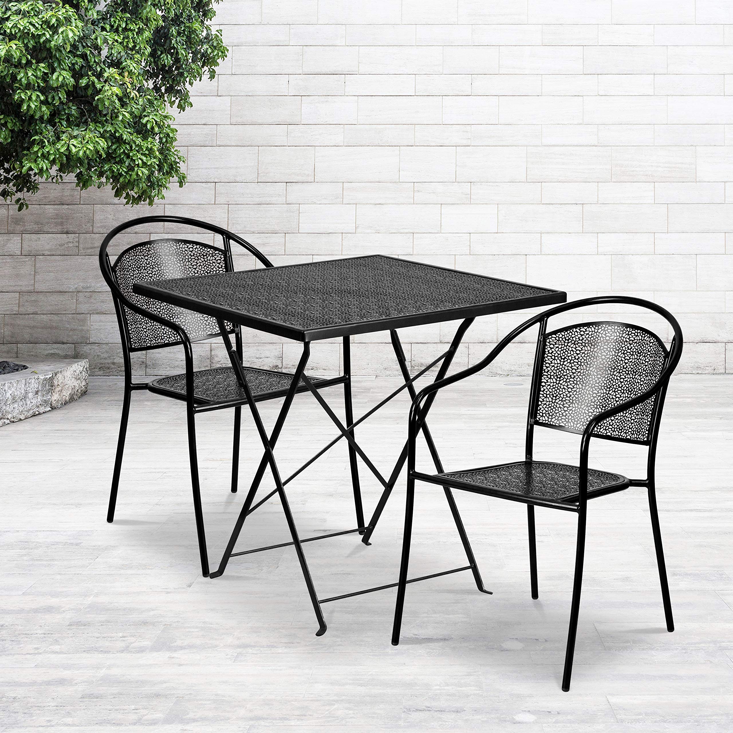 Flash Furniture Oia Commercial Grade 28 Square Black Indoor-Outdoor Steel Folding Patio Table Set with 2 Round Back Chairs