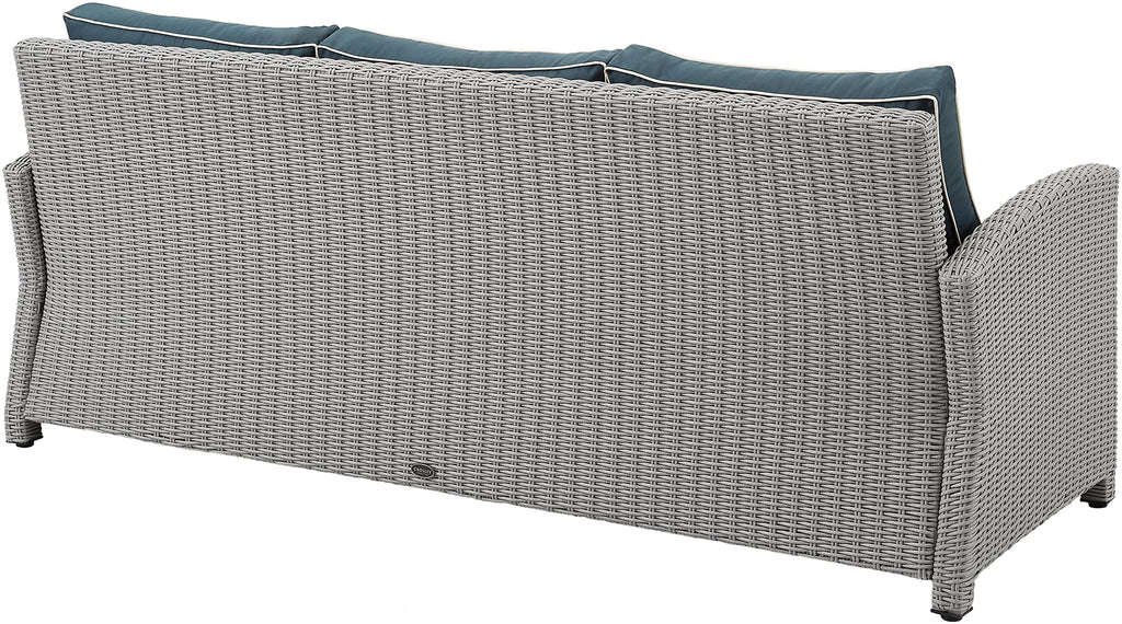 Crosley Furniture Bradenton Wicker Outdoor Sofa, 3-Person Patio Couch for Porch, Deck, Backyard, Gray with Navy Cushions