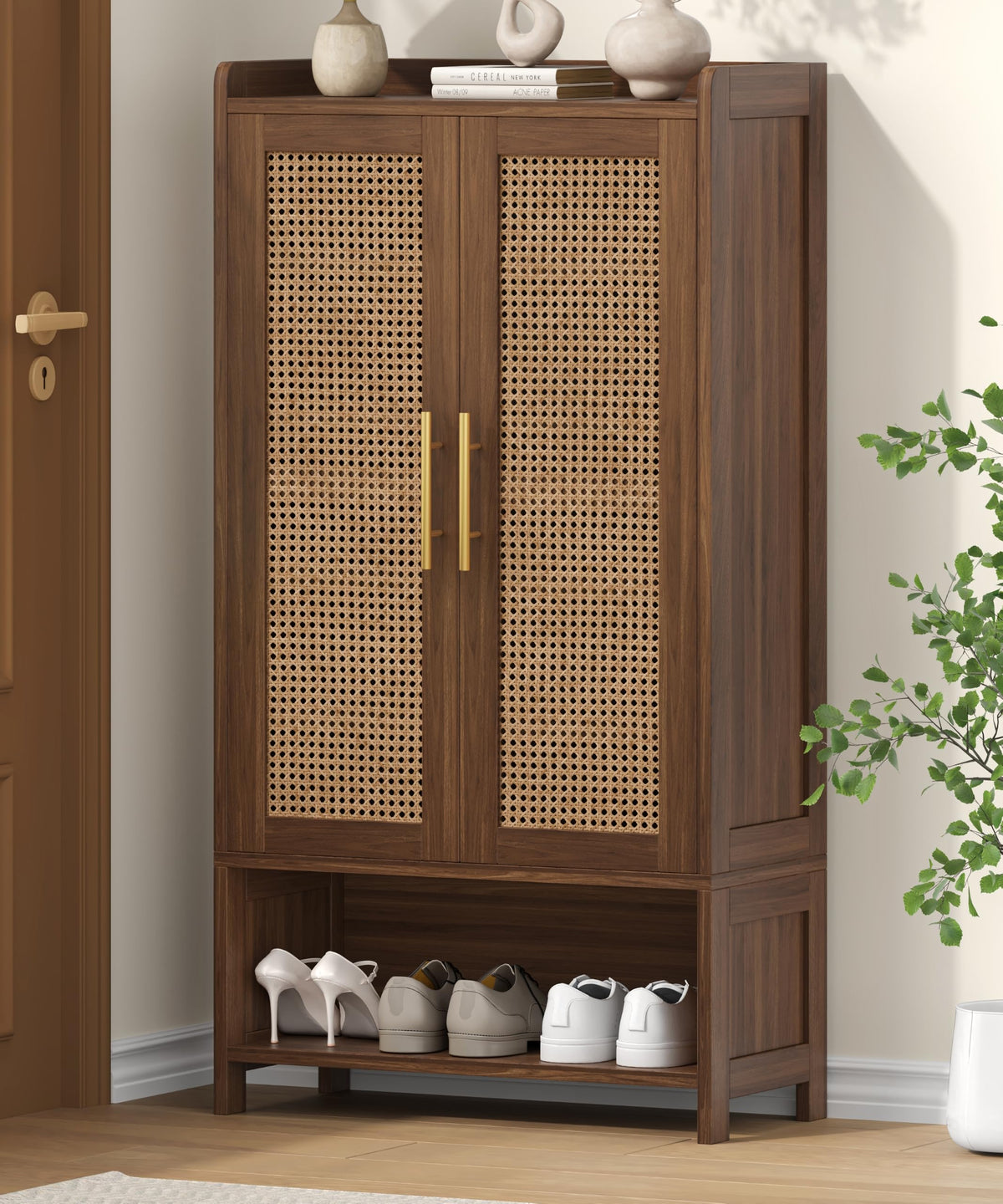 Keehusux Rattan Shoe Cabinet with Doors & Adjustable Shelves, Walnut
