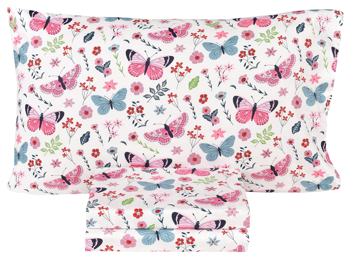 Scientific Sleep Butterfly Pink Flower 100% Cotton Cozy Fun Twin Bed Sheet Set, Flat Sheet & Fitted Sheet & Pillowcase Kids Boys