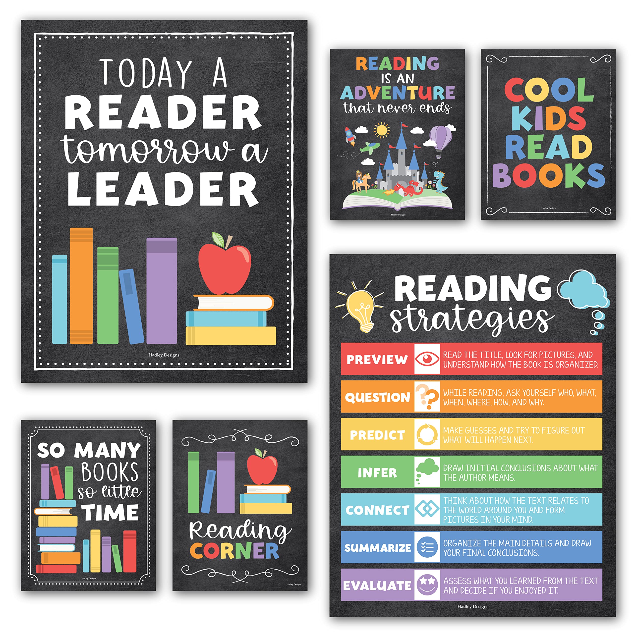Hadley Designs 6 Colorful Reading Posters For Classroom Library Decorations For School - Reading Bulletin Board Sets, Reading Po