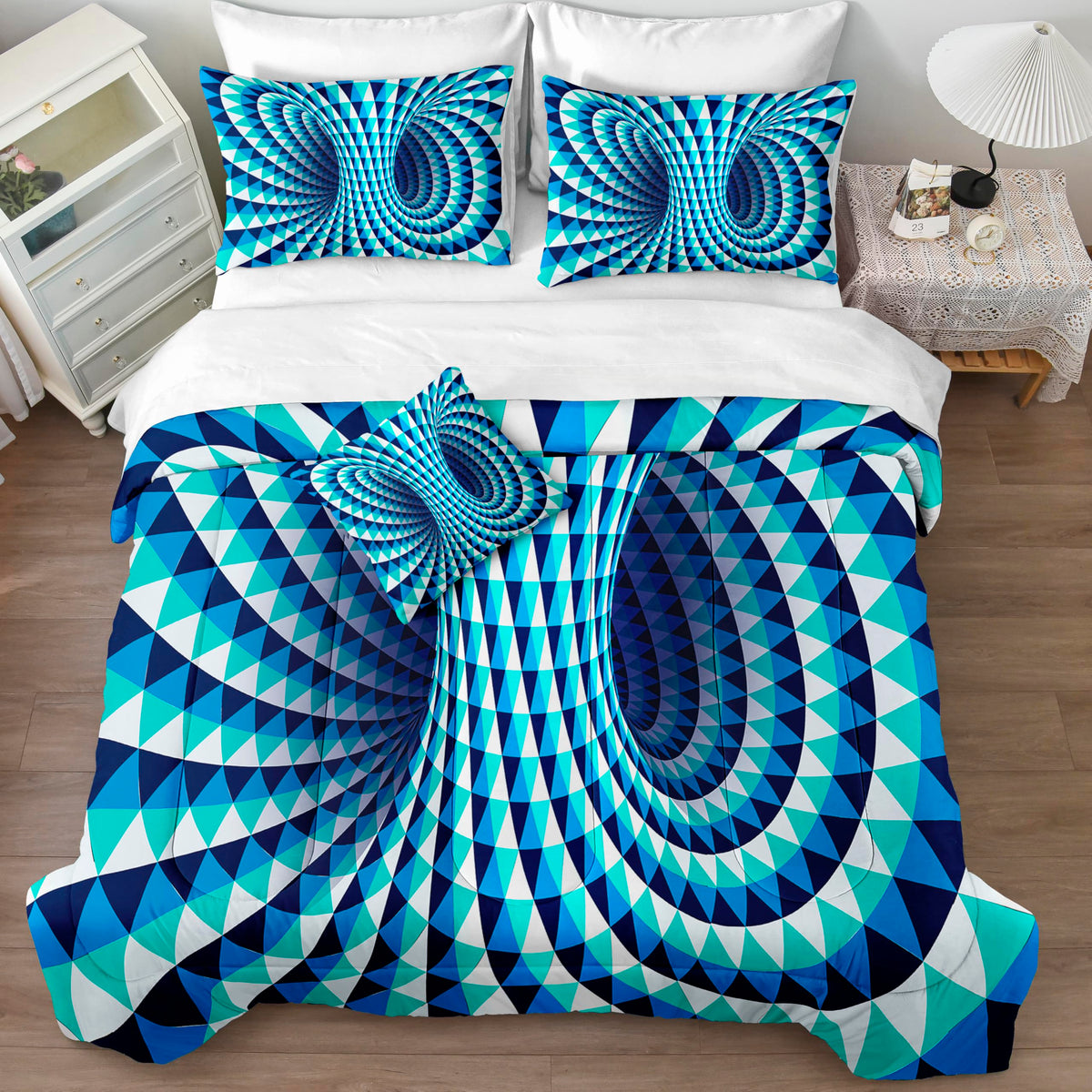 Bedorm Triangle Geometric Comforter Set 3D Abstract Bedding Set With Sheet Set Aqua Blue Triangle Tunnel Aesthetic Comforter Mod