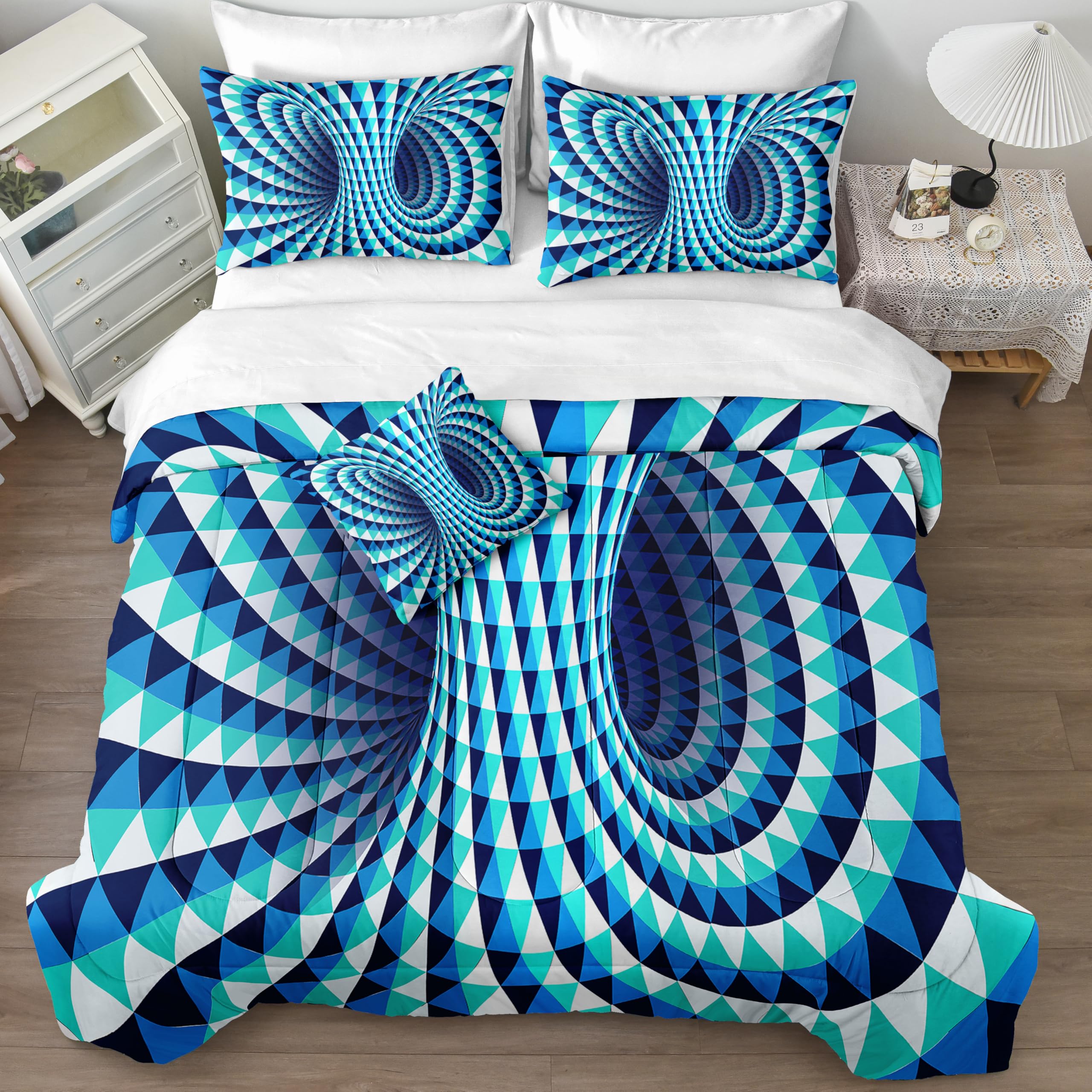 Bedorm Triangle Geometric Comforter Set 3D Abstract Bedding Set With Sheet Set Aqua Blue Triangle Tunnel Aesthetic Comforter Mod