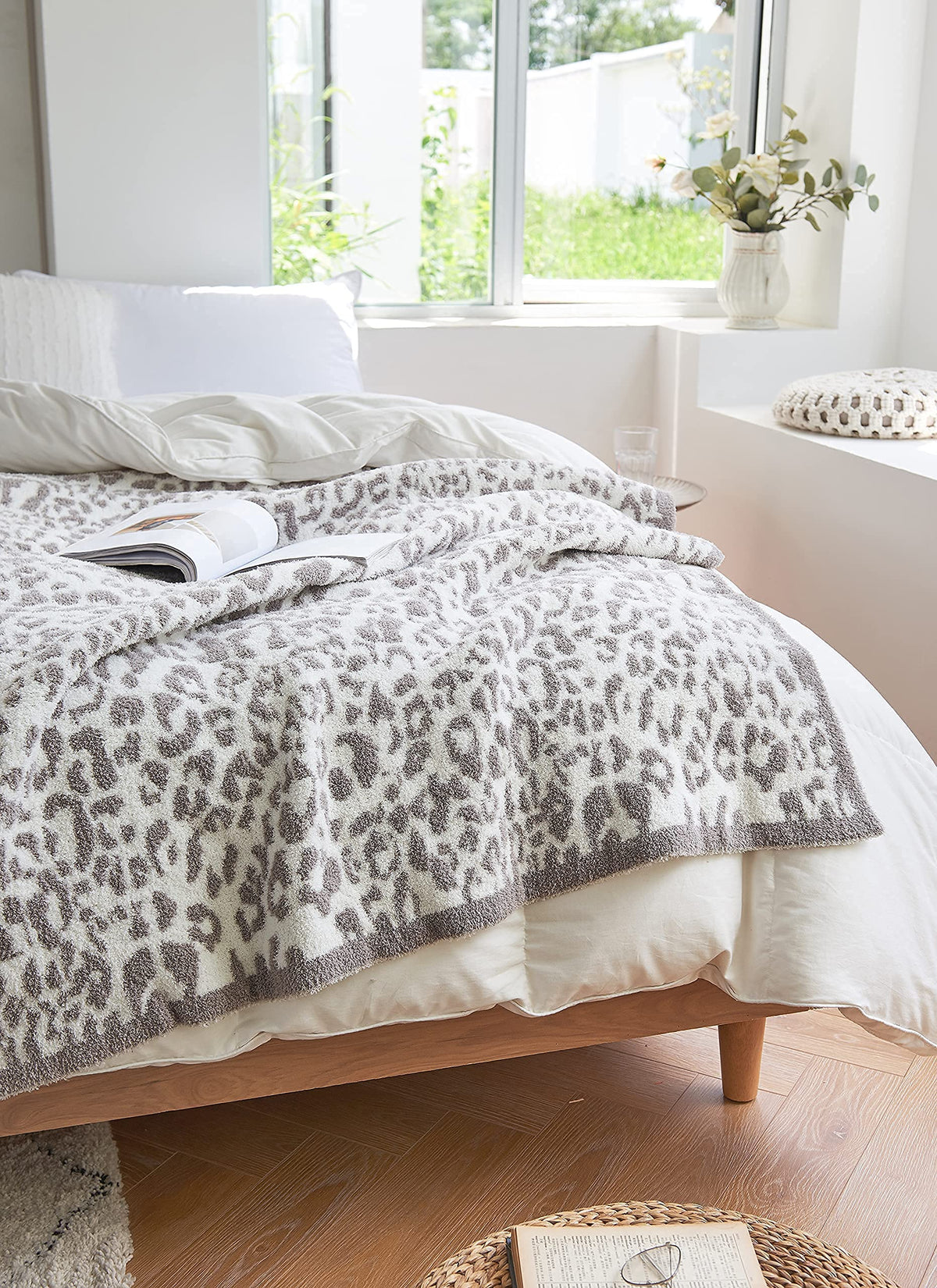 Fluffy Microfiber Leopard Knitted Throw Blanket Super Soft Cozy Lightweight Fleece Bed Blanket For Sofa Bed 53'X70' (Grey)