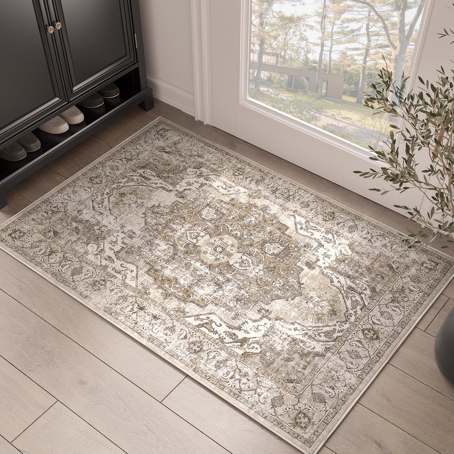 jinchan Area Rug 2x3 Washable Rug Entryway Vintage Rug Kitchen Floor Cover Traditional Rug Thin Rug Taupe Multi Distressed Flora