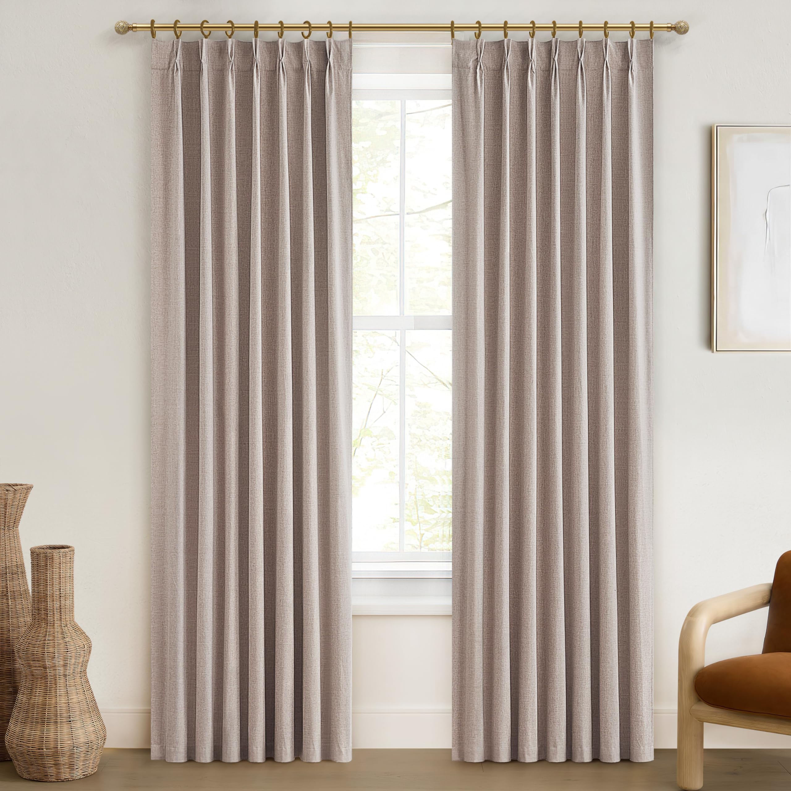 QJmydeco Pinch Pleated Heavy Burlap 78 Inch Length Curtains for Kids Room 2 Panels Set,Rustic Natural Linen Blend Blackout Curta