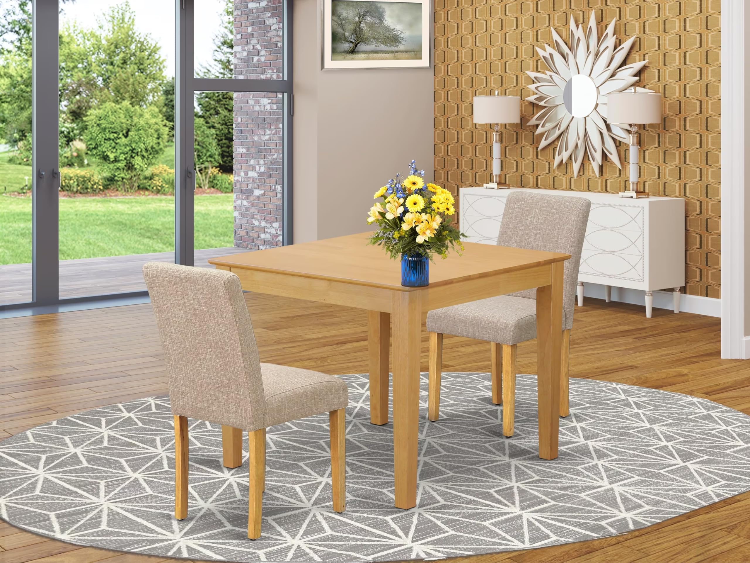 East West Furniture Oxab3-Oak-04 3 Piece Dining Table Set For Small Spaces Contains A Square Wooden Table And 2 Light Tan Linen Fabric Parson Dining Room Chairs, 36X36 Inch, Oak