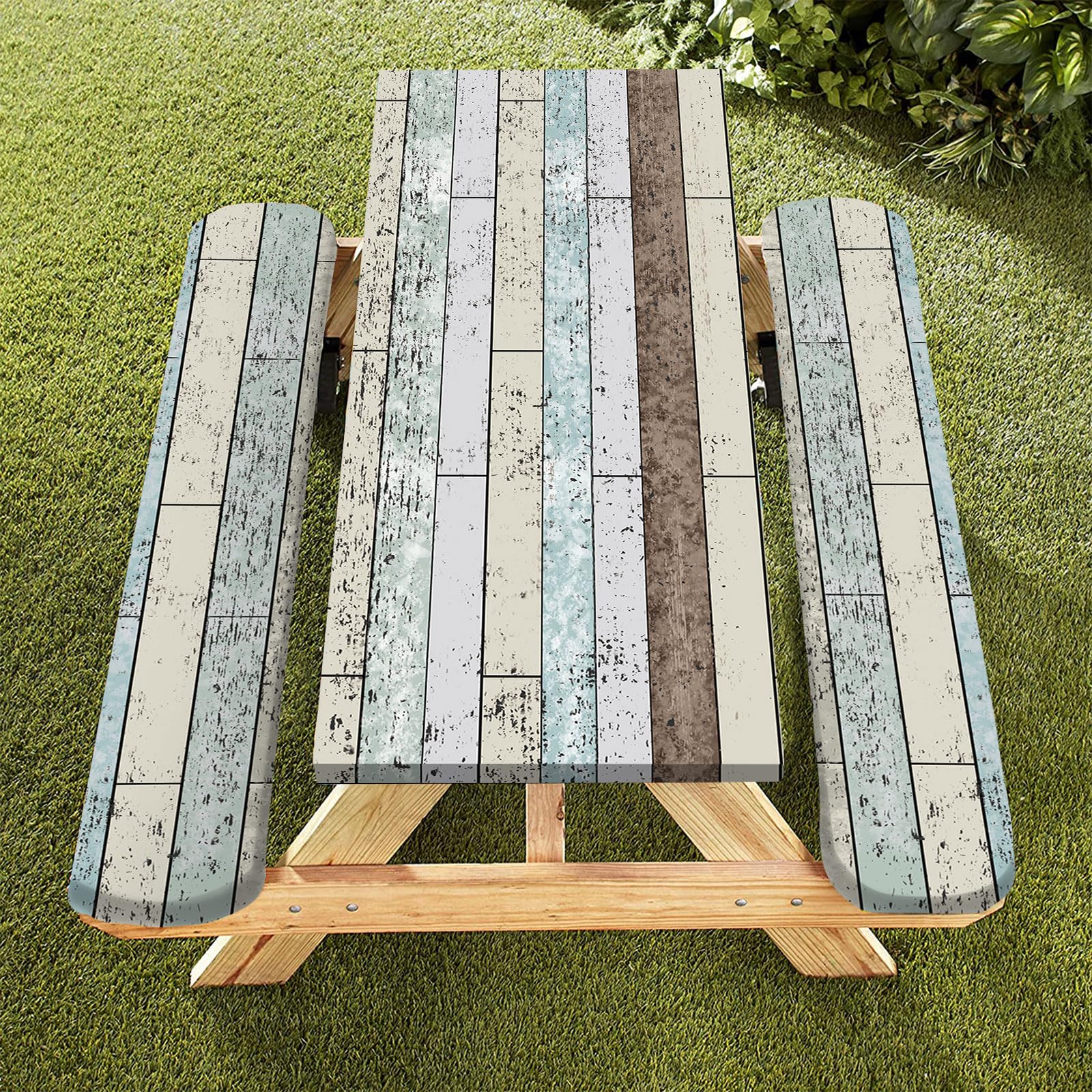Famibay 3 Piece Picnic Table Covers With Elastic Fitted Picnic Table Cover With Bench Covers Farmhouse Camping Tablecloth Waterproof Picnic Table Covers For Outdoors(Wood Grain,12' X72'+30' X72')