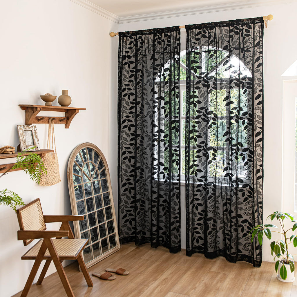 Treatmentex Black Lace Sheer Curtains For Bedroom Living Room 95 Inch Length Light Filtering Leaf Knitted Semi Sheer Window Curt