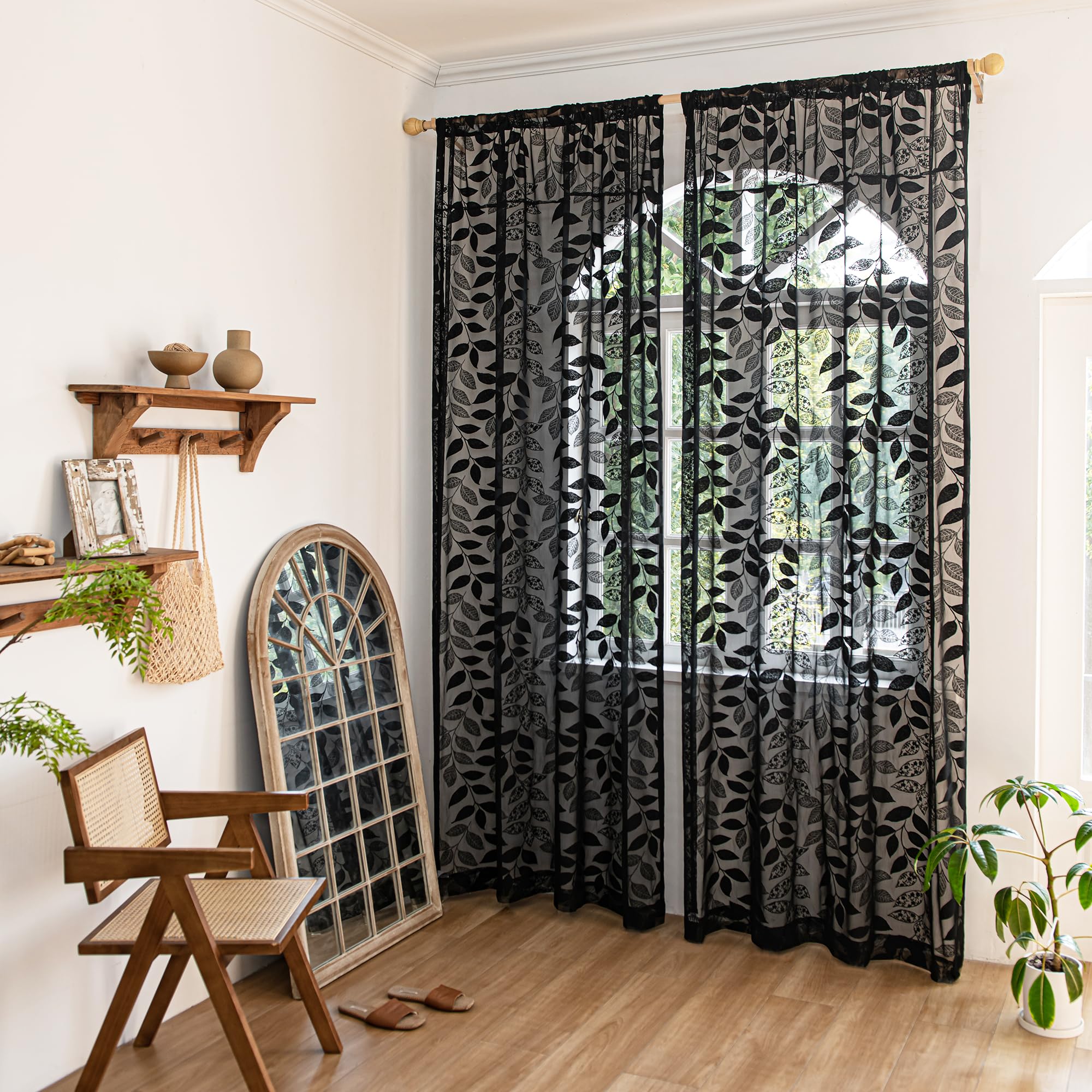 Treatmentex Lace Black Sheer Curtains For Bedroom Living Room Studio 84Inch Long Elegant Leaf Embroidered Semi Sheer Curtain Pan