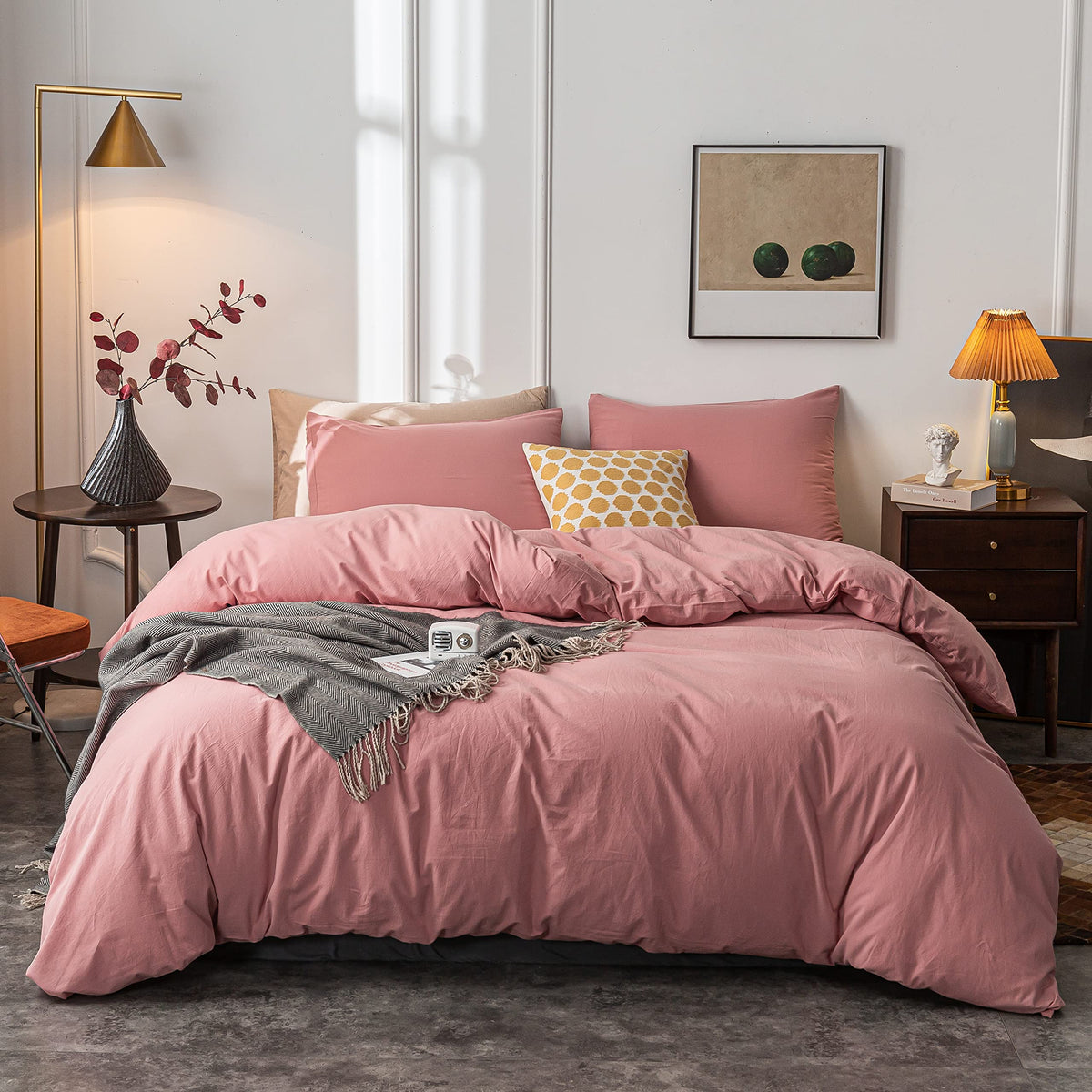 Janlive Washed Cotton Duvet Cover King Ultra Soft 100% Cotton Solid Color Rose Duvet Cover Set With Zipper Closure -3 Pieces Pin