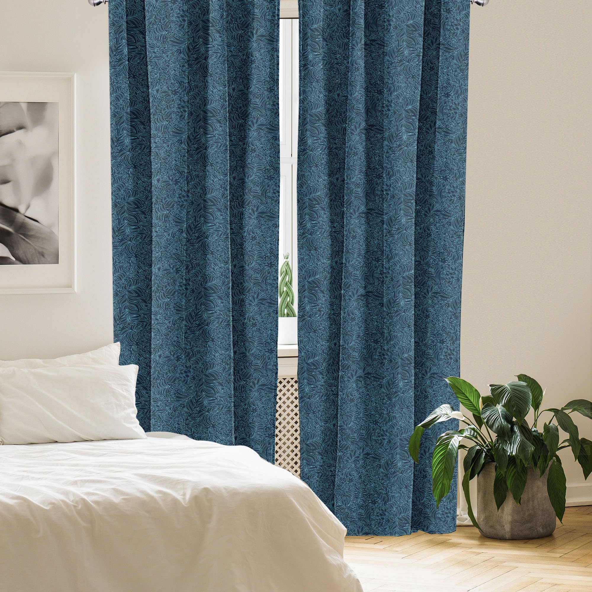 Ambesonne Navy And Teal Window Curtains, Abstract Flourish Nature Inspired Pattern Leaves Blossoms Print, Lightweight Decor 2-Pa