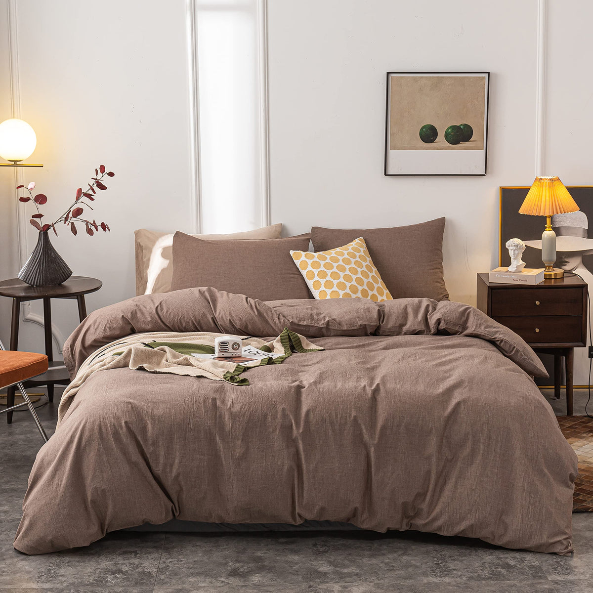 Janlive Washed Cotton Duvet Cover Twin Ultra Soft 100% Cotton Solid Color Coffee Duvet Cover Set With Zipper Closure -2 Pieces C
