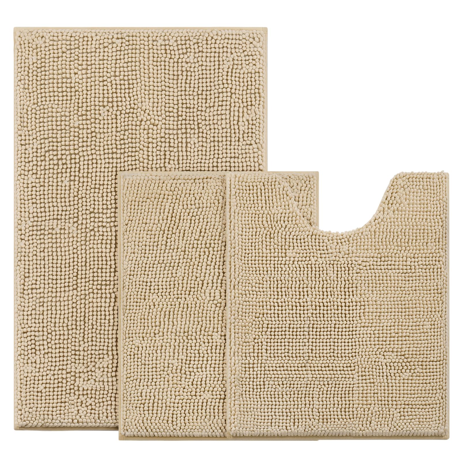 BYSURE Beige Bathroom Rugs Sets 3 Piece Non Slip Extra Absorbent Plush Chenille Soft Washable Bath Mats