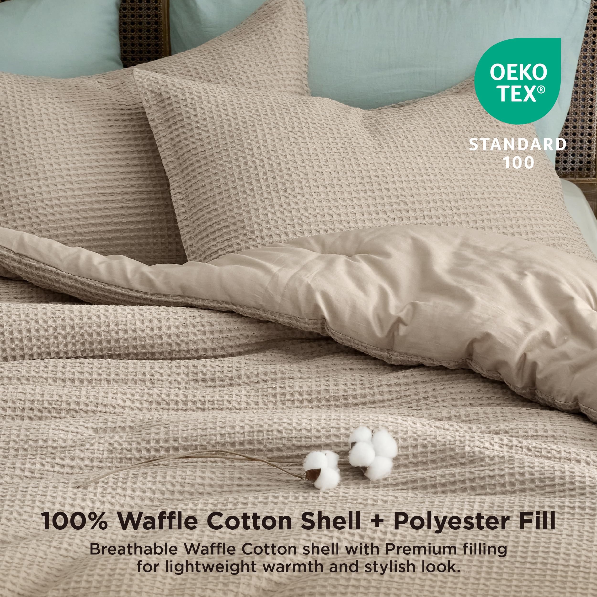 Bedsure Waffle Comforter Set Queen, Khaki Soft Cotton Bedding, Waffle Weave Bed Set, 3 Pieces, 1 Comforter (90'X90') And 2 Pillow Shams, Premium Cotton Cover With Polyester Fill For All Seasons