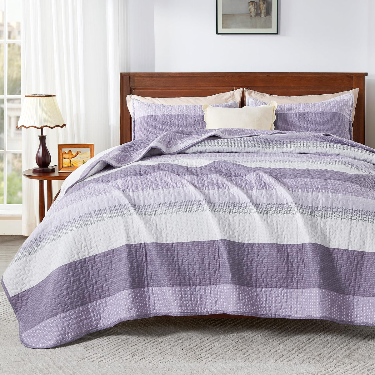 Andency Queen Quilt Bedding Set Grayish Purple, 3 Pieces Patchwork Summer Striped Ultra Soft Lightweight Bedspreads, Coverlets Set With 2 Pillow Shams For All Seasons (90'X96')