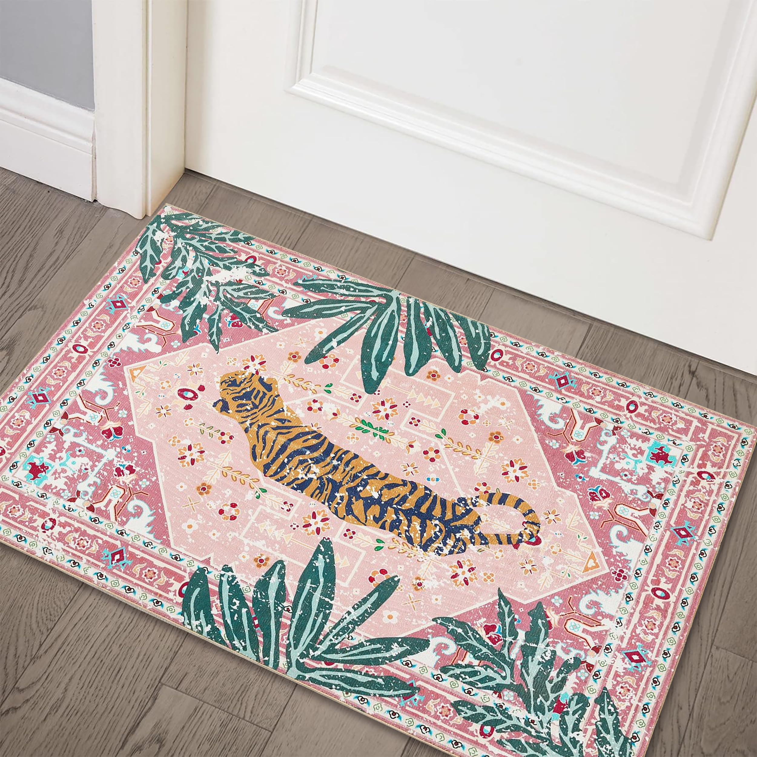 Aldopein Bengal Tiger Rugs, 2x3 Faux Wool Tropical Pink Boho Throw Rugs for Bathroom Kitchen Small Indoor Entryway Rug Modern Vi