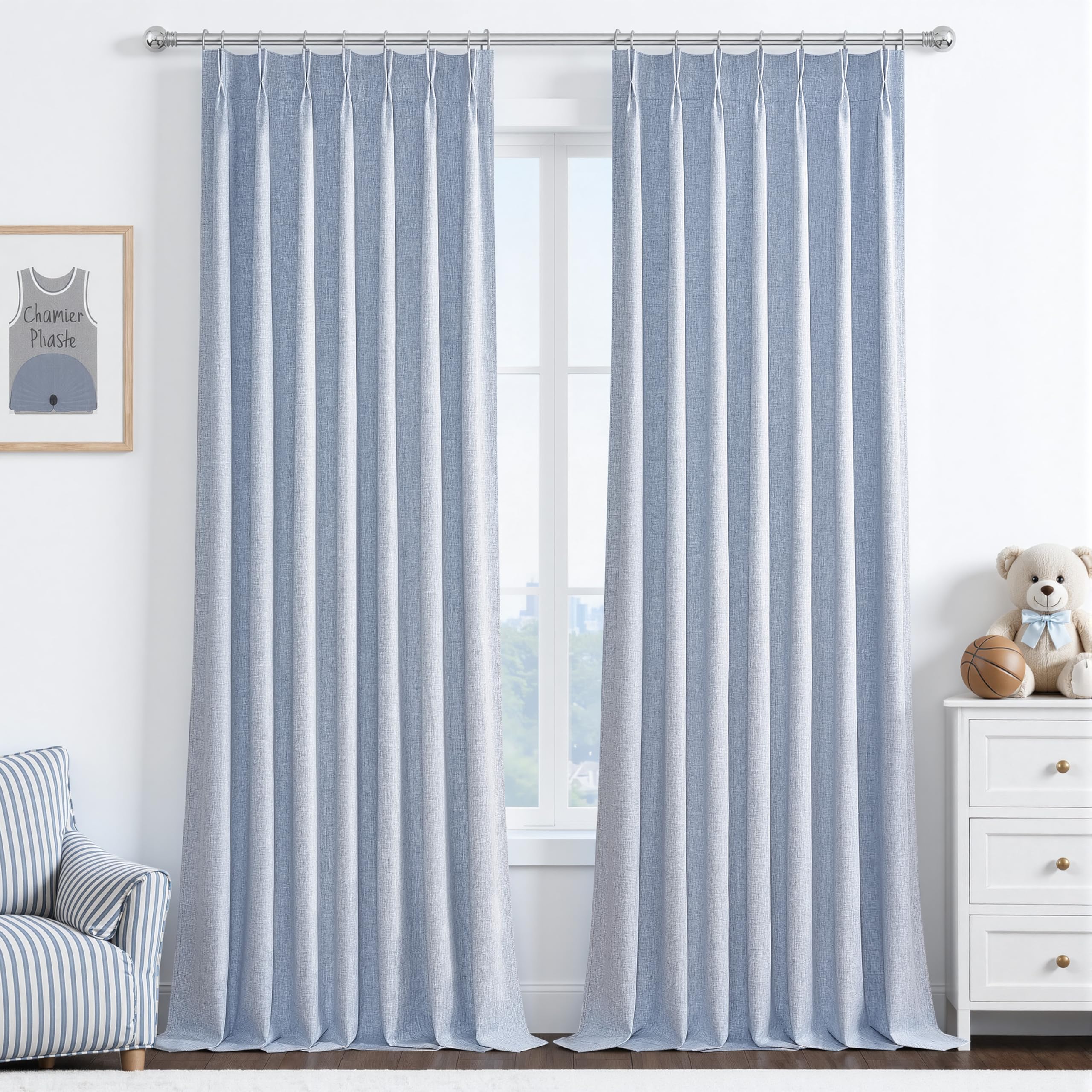DustyBlue 102 Inches Long Blackout Curtains for Kids Bedroom 2 Panels Set, Pinch Pleated Living Room Curtain Linen Thermal Coast