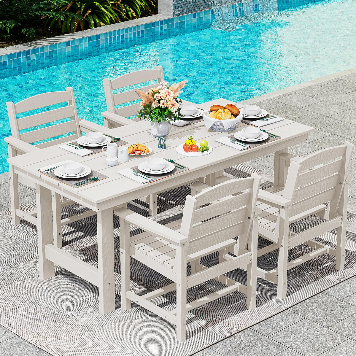 Serwall Patio Dining Table Sets 5-Piece, Outdoor Hdpe Dining Furniture Set With Umbrella Hole Cut-Out Table And 4 Chairs, All Weather Dining Set For Lawn, Garden, Backyard, Poolside, White