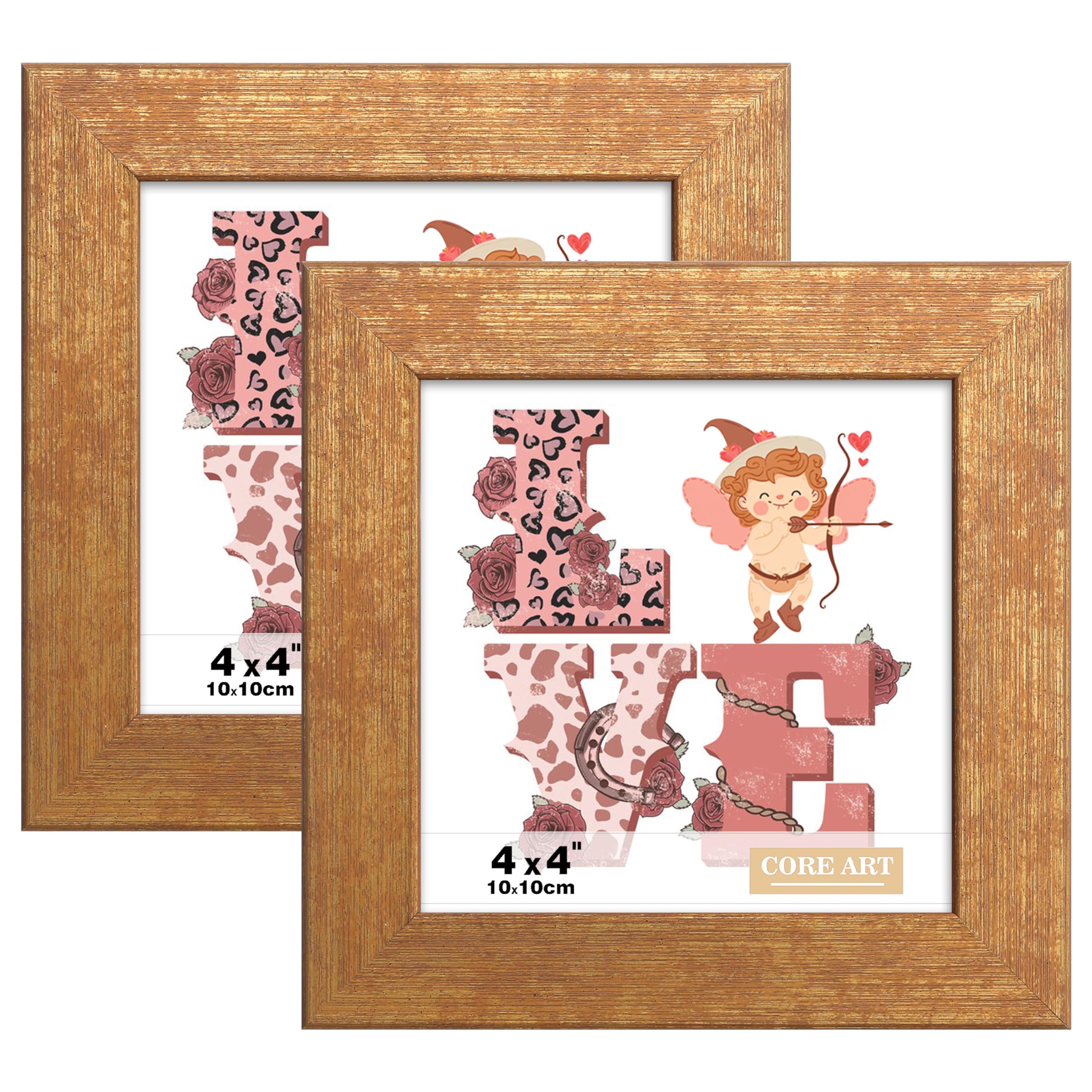 CORE ART 4x4 Picture Frame Gold Photo Frames Set of 2, Square Colorful Frame with HD Plexiglass, Wall or Tabletop Display