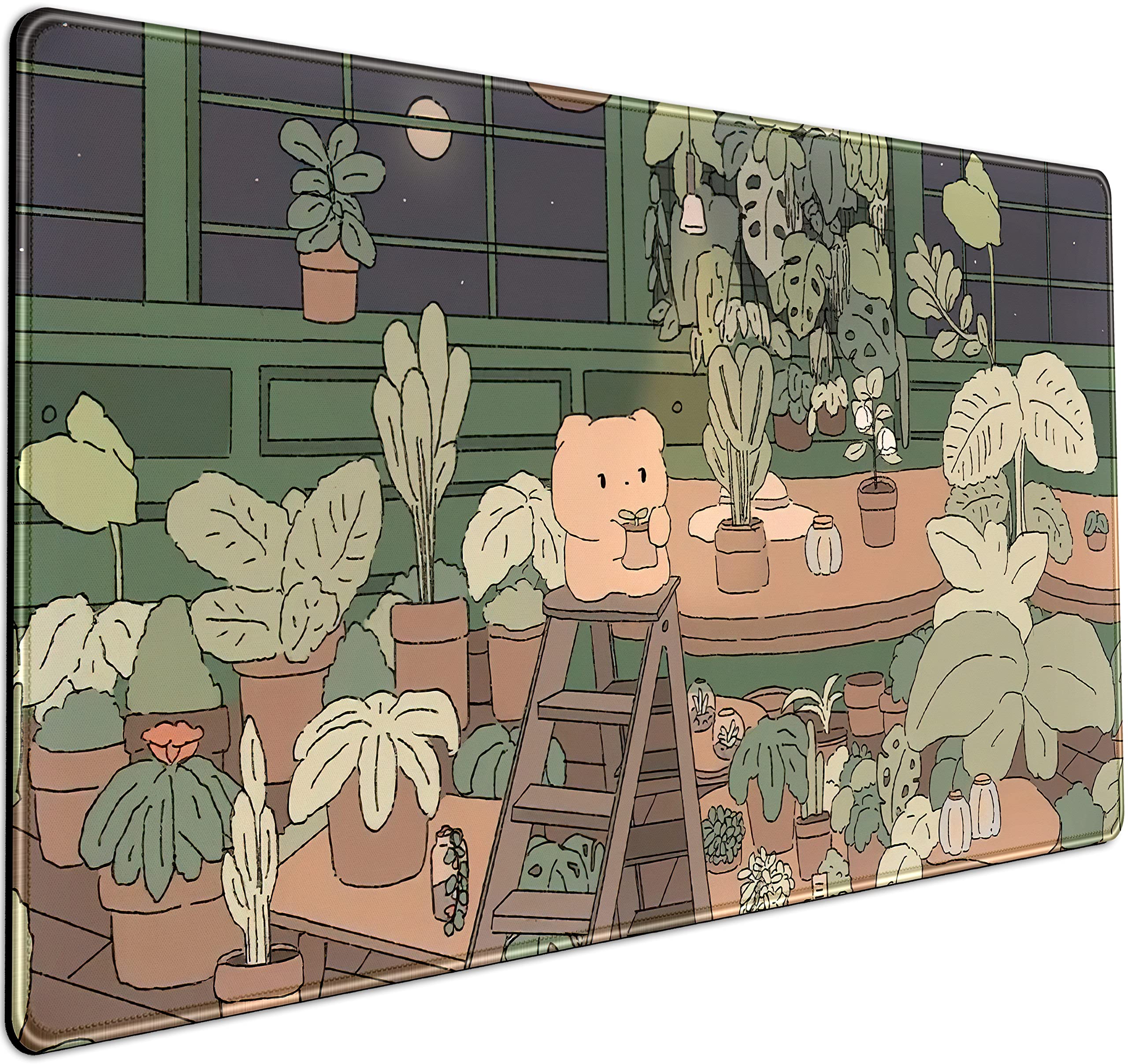 Cute Desk Mat Kawaii Bear Mousepad Cute Anime Plant Desk Protector, Kawai Aesthetic Brown And Green Forest Keyboard Mat, Large M