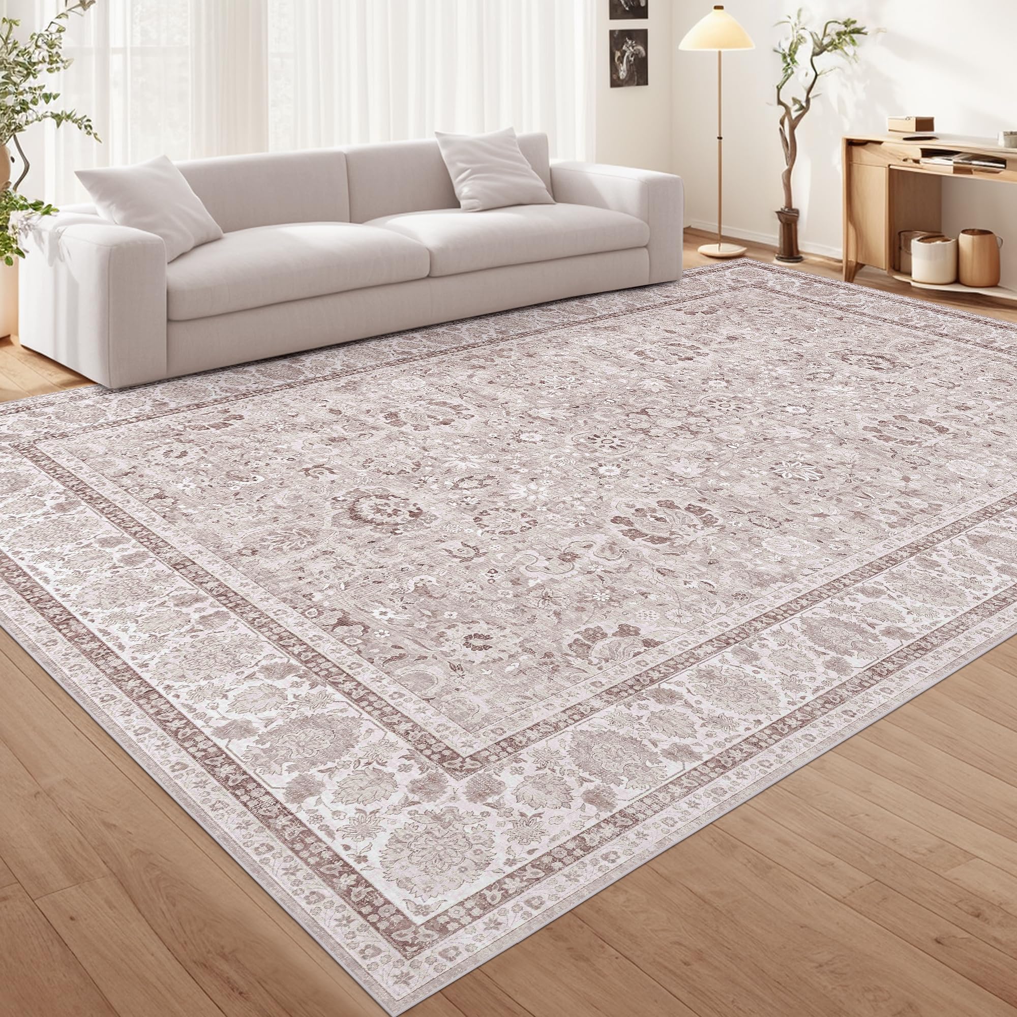 Pink Nursery Rug Large Area Rugs for Living Room Vintage Rug Boho Floral Washable Area Rugs 8x10 Indoor Carpet for Bedroom Dinin