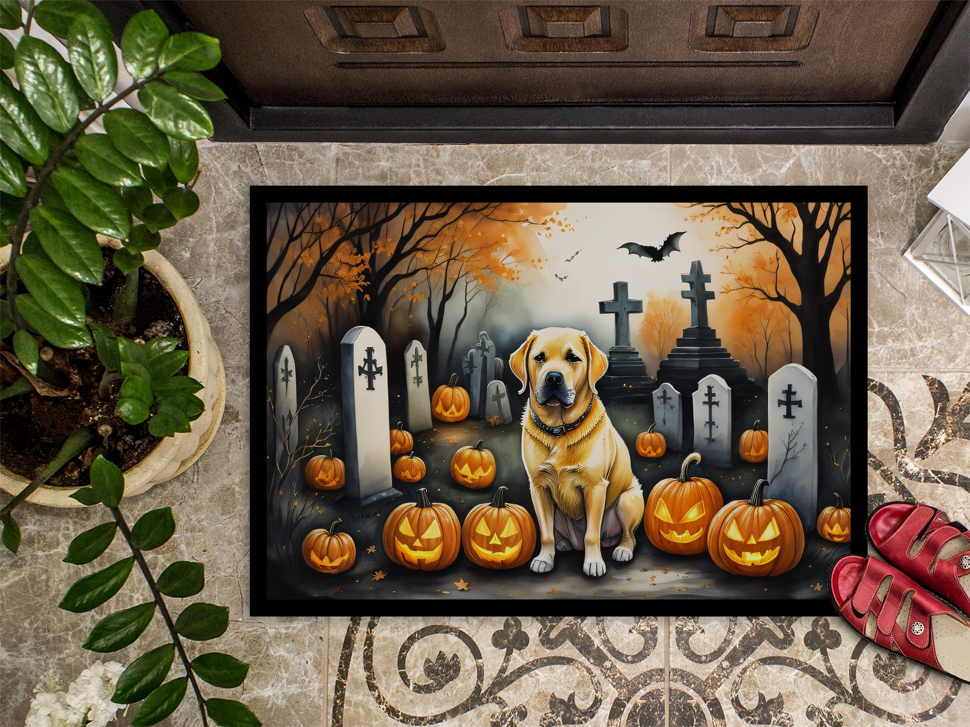 Caroline'S Treasures Dac2059Jmat Yellow Labrador Retriever Spooky Halloween Indoor Or Outdoor Mat 24X36 Front Door Mat Indoor Outdoor Rugs For Entryway, Non Slip Washable Low Pile, 24H X 36W