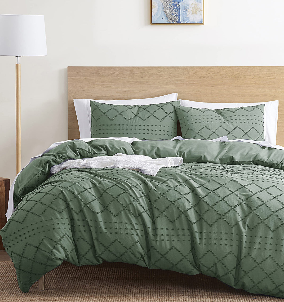 Nestl Boho Bedding King Duvet Cover Set - Boho Duvet Cover King Size, 3 Piece Tufted Green Duvet Cover King With Zipper Closure,