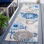 Safavieh Cabana Collection 2' X 14' Grey/Blue Cbn832F Floral Indoor/ Outdoor Easy Cleaning Patio Backyard Mudroom Runner Rug