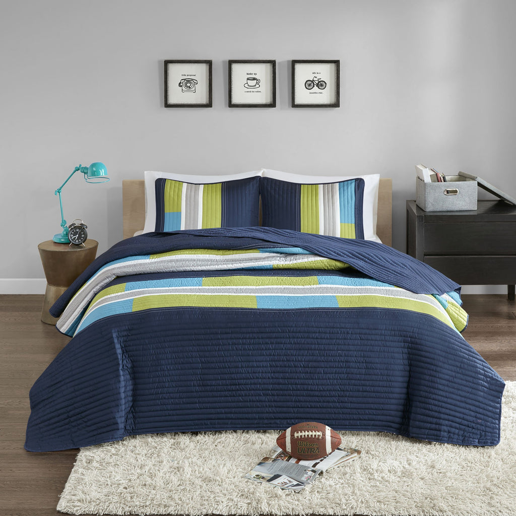 Comfort Spaces Cs14-0861 2 Piece Quilt Coverlet Bedspread All Season Lightweight Hypoallergenic Pipeline Colorblock Kids Bedding