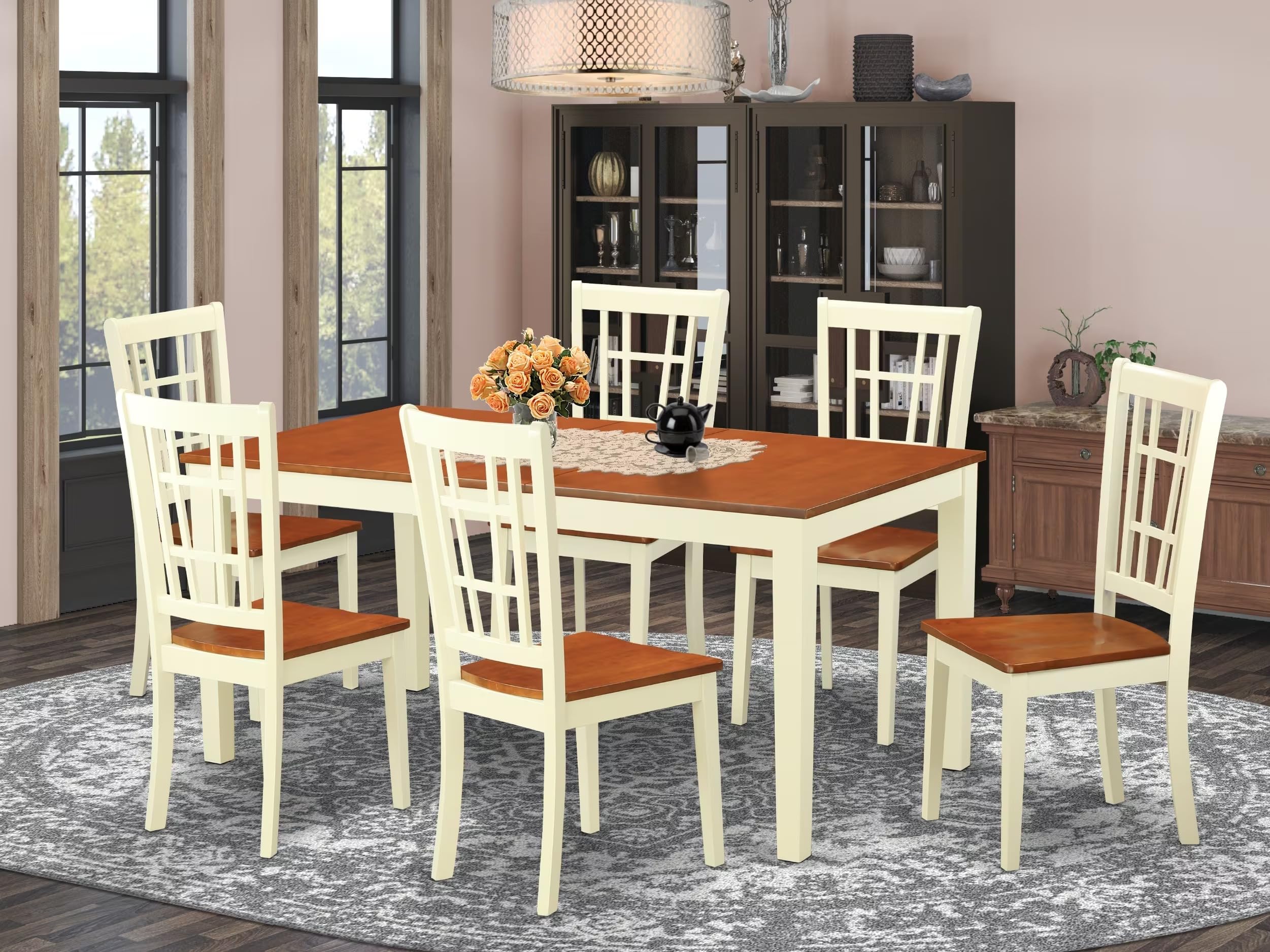 East West Furniture NICO7-WHI-W 7 Piece Room Furniture Set Consist of a Rectangle Kitchen Table with Butterfly Leaf and 6 Dining Chairs, 36x66 Inch
