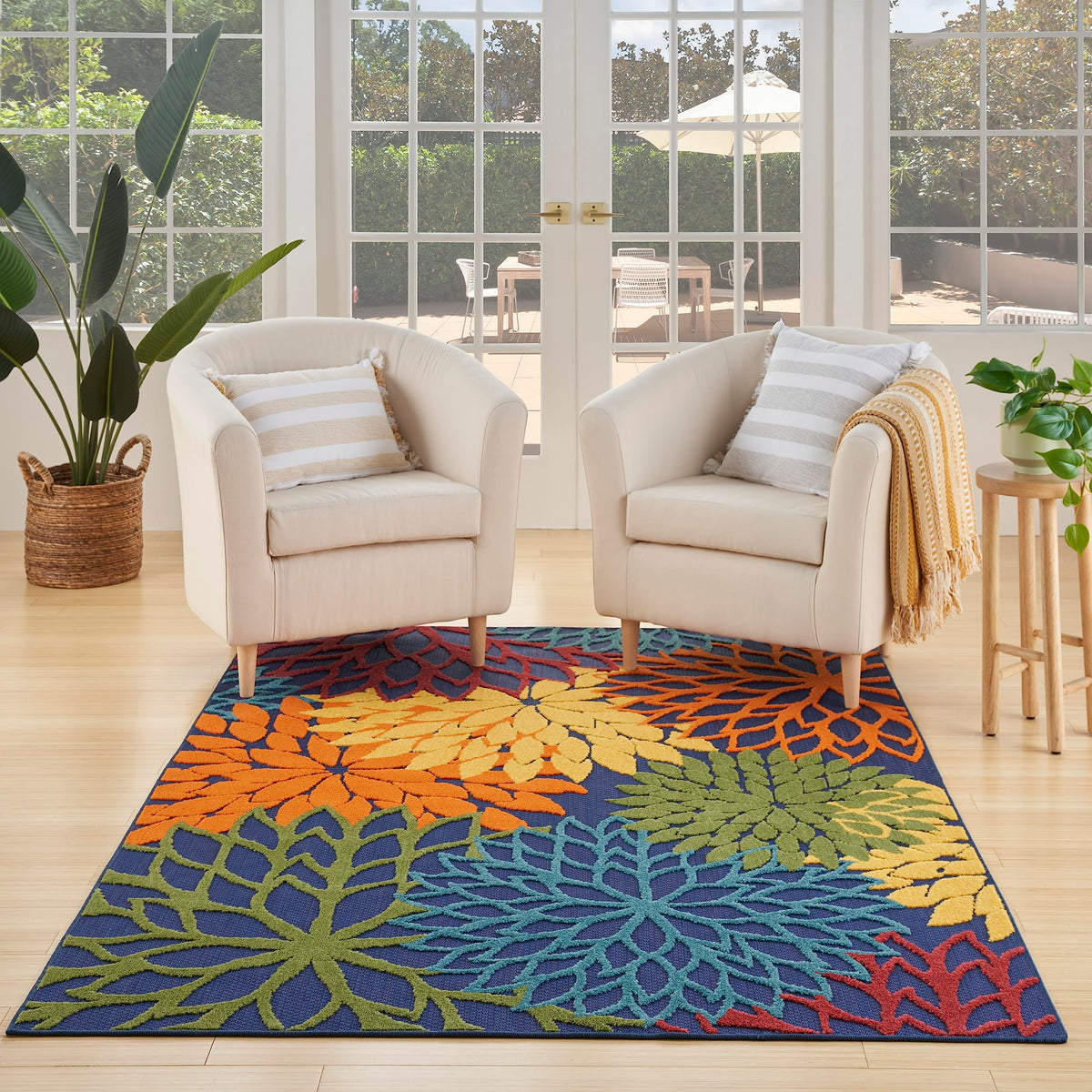 Nourison Aloha Indoor-Outdoor Navy Multicolor 3'6' X 5'6' Area Rug, Easy Cleaning, Non Shedding, Bed Room, Living Room, Dining Room, Backyard, Deck, Patio (4X6)