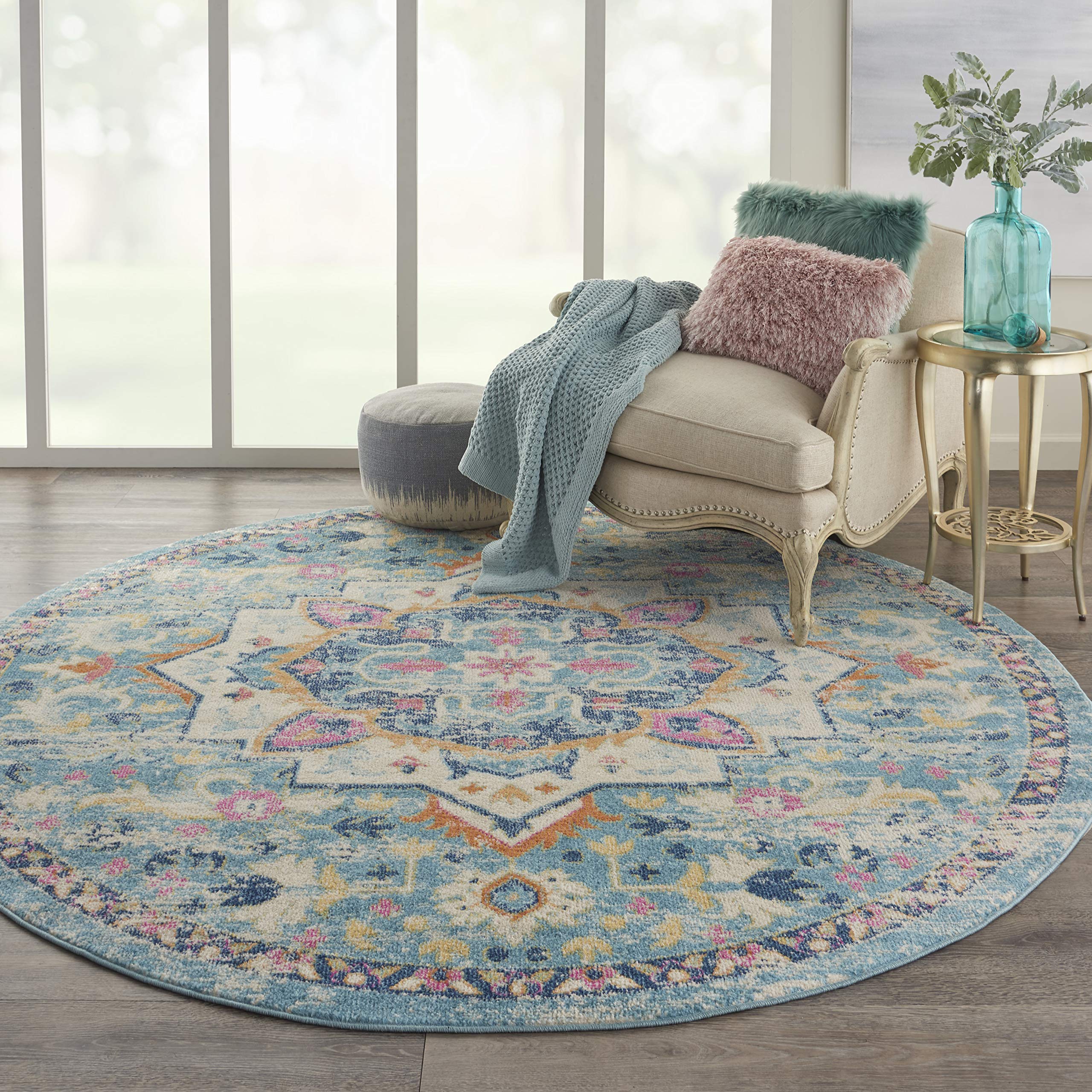 Nourison Passion Ivory/Light Blue 8 x Round Area Rug, Boho, Moroccan, Bed Room, Living Room, Dining Room, Kitchen, Easy Cleanin