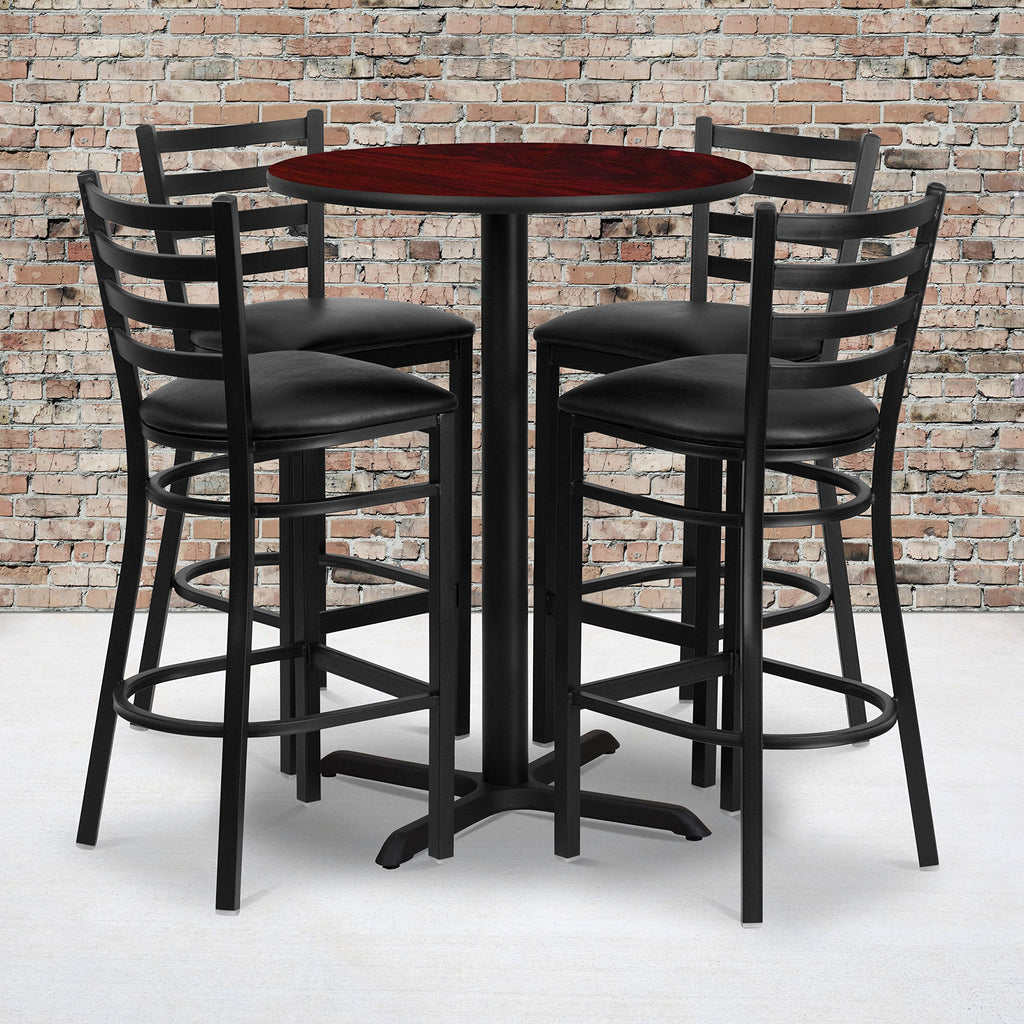 Flash Furniture 30'' Round Mahogany Laminate Table Set with X-Base and 4 Ladder Back Metal Barstools - Black Vinyl Seat