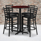 Flash Furniture 30'' Round Mahogany Laminate Table Set with X-Base and 4 Ladder Back Metal Barstools - Black Vinyl Seat